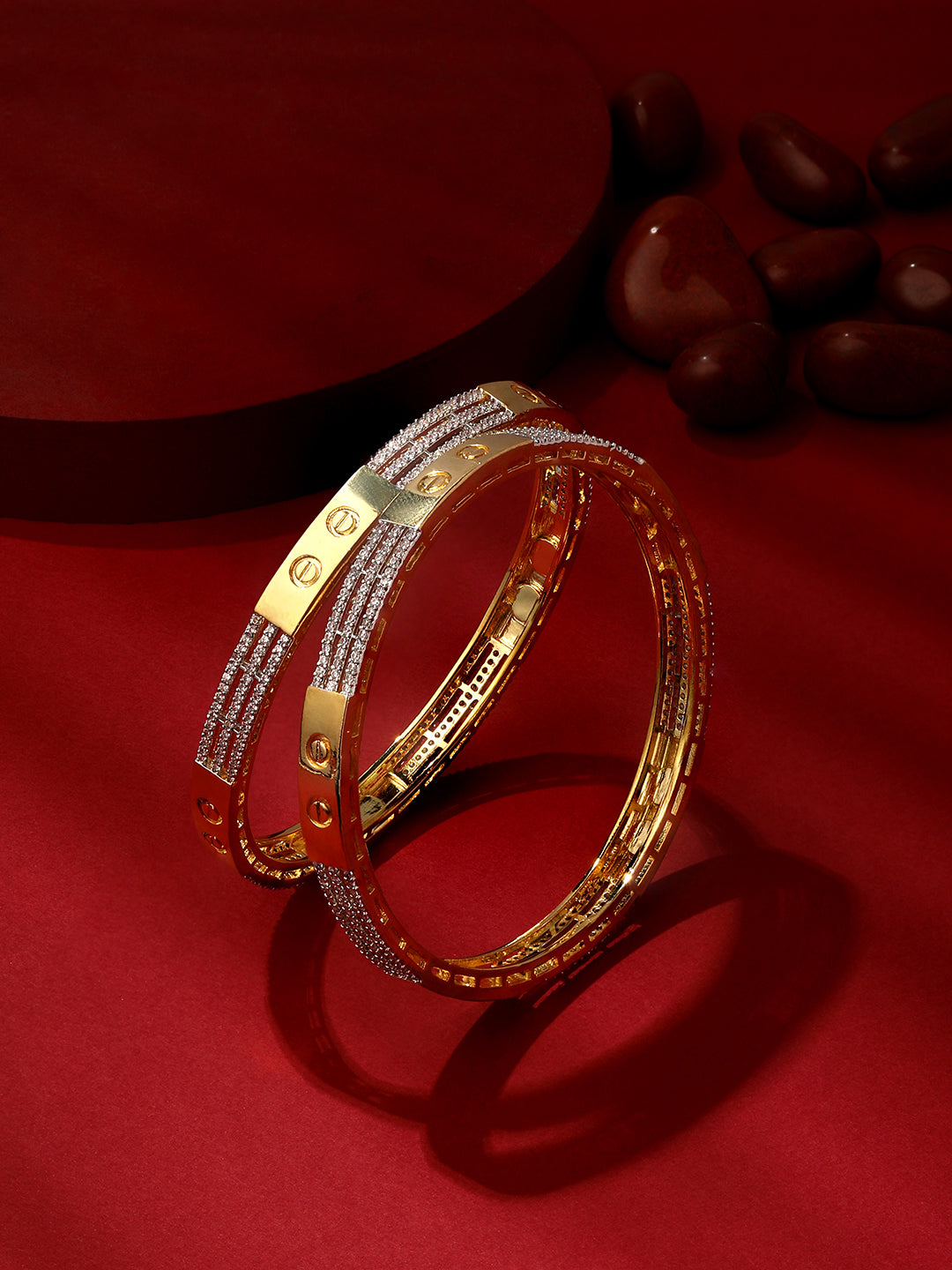 Set of 2 gold-plated imitation bangles studded with CZ stones – elegant artificial bangles for festive and everyday wear