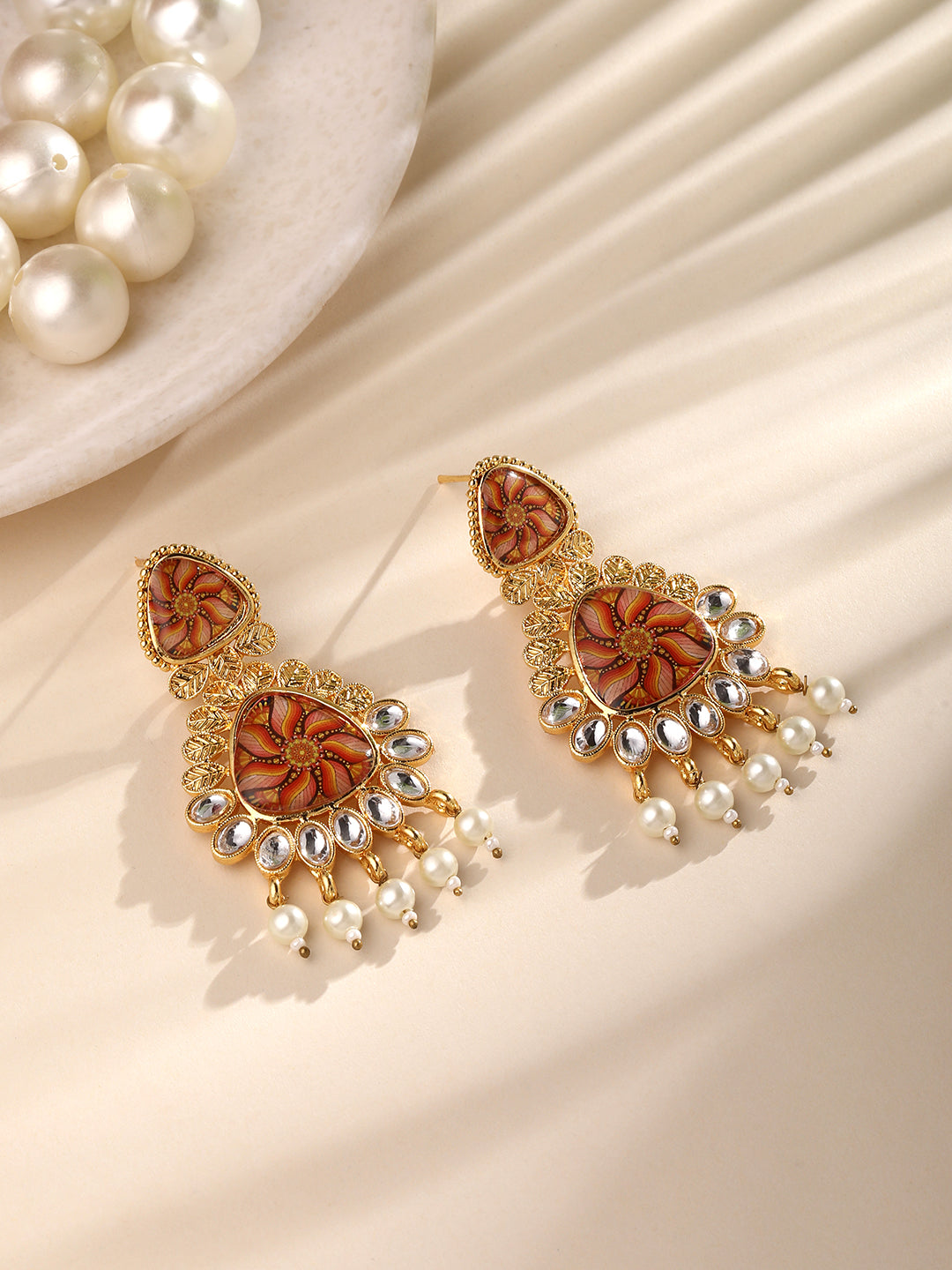 Gold Plated Multicolor Floral Printed Dangle Earring