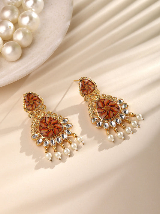 Gold Plated Multicolor Floral Printed Dangle Earring