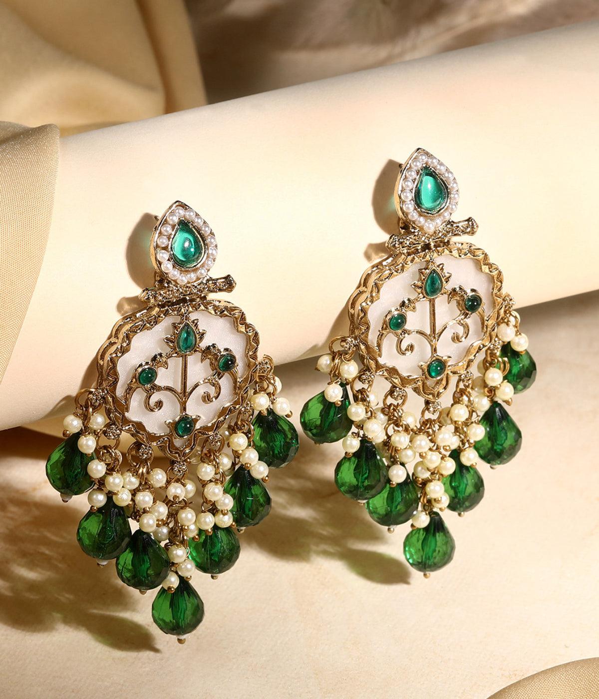 Traditional Crystal Stone Studded Emerald Drop Earrings - ASMITTA Jewellery