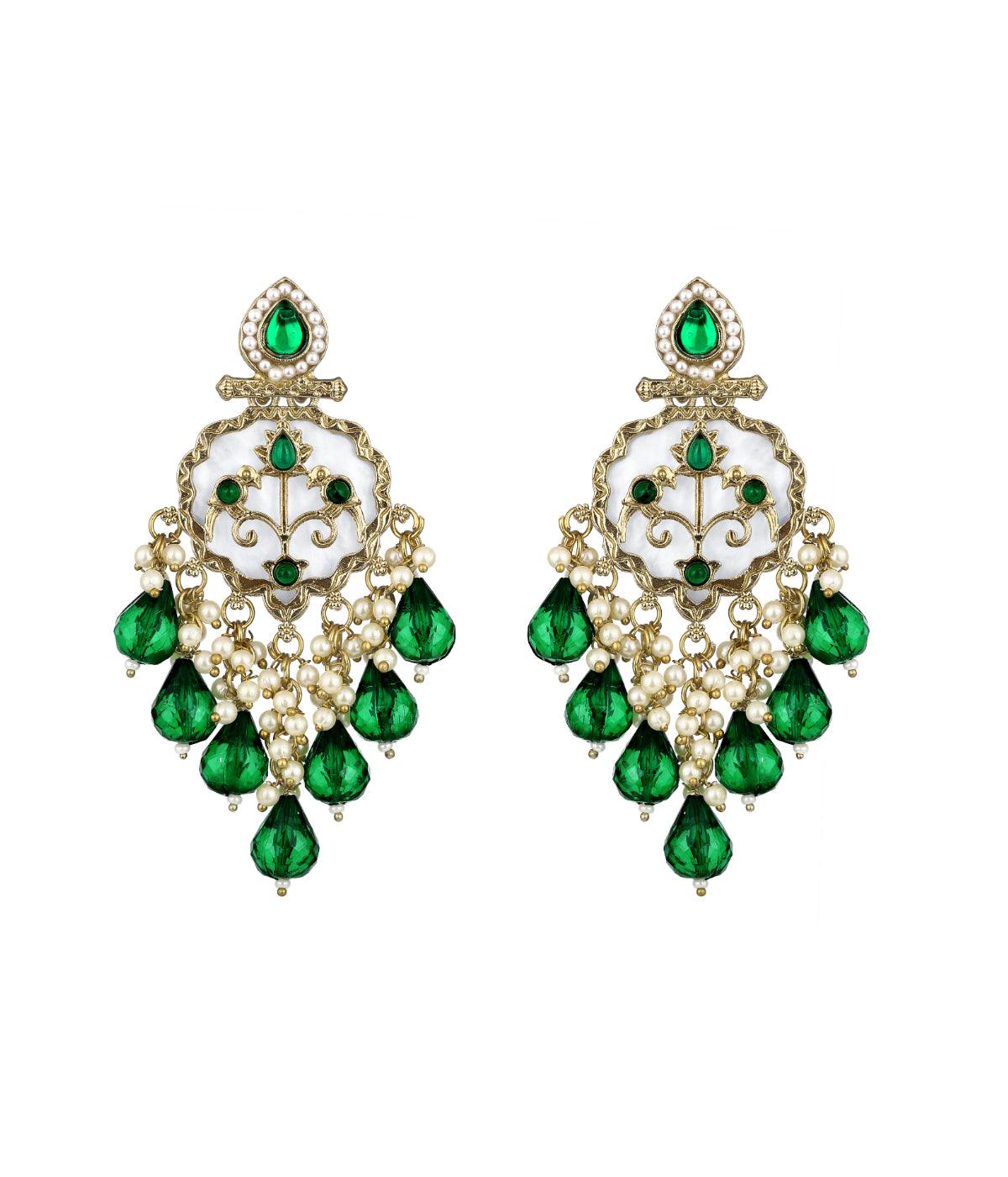 Traditional Crystal Stone Studded Emerald Drop Earrings - ASMITTA Jewellery