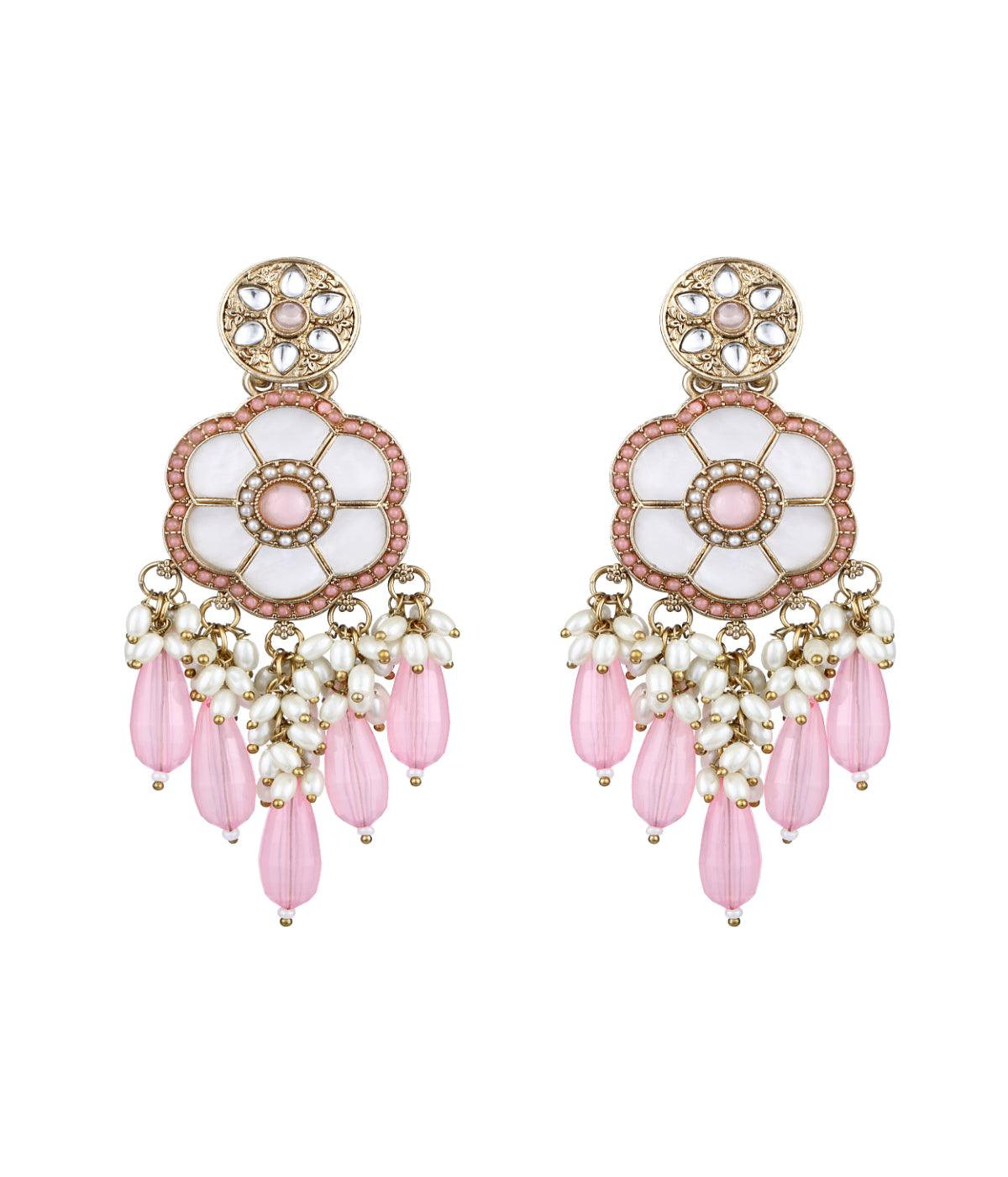 Petal Glow: Baby Pink Pearl & Crystal Blossom Drops - ASMITTA Jewellery