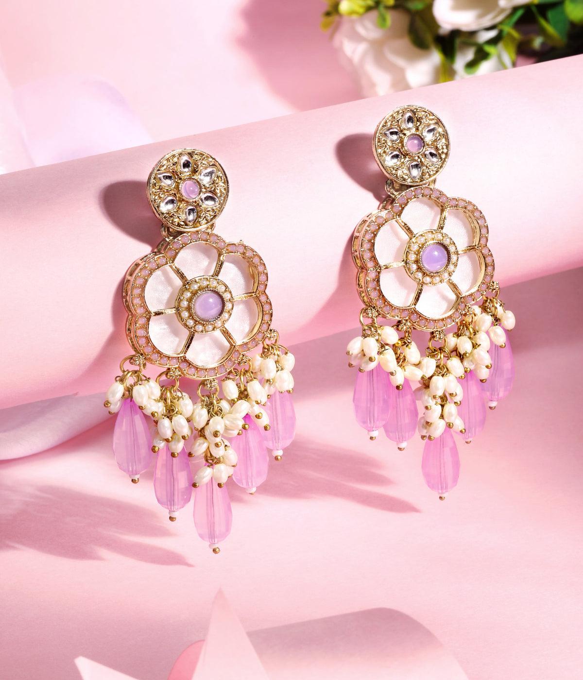 Petal Glow: Baby Pink Pearl & Crystal Blossom Drops - ASMITTA Jewellery