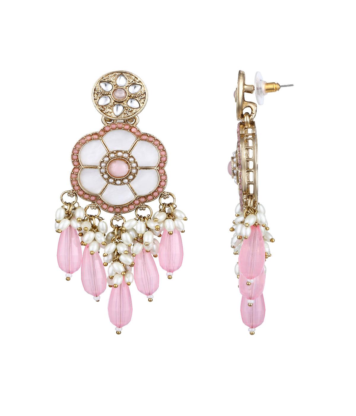 Petal Glow: Baby Pink Pearl & Crystal Blossom Drops - ASMITTA Jewellery