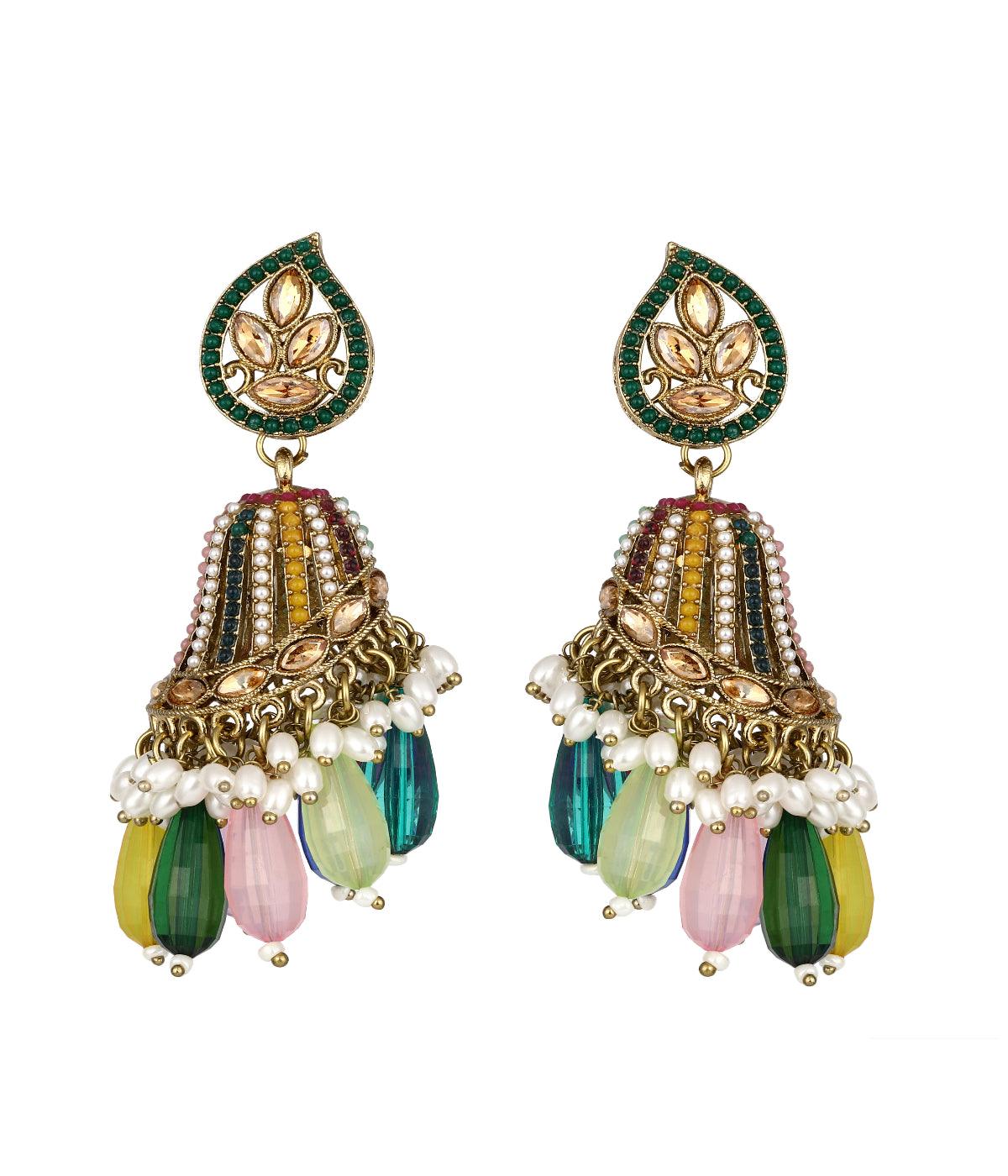 Traditional Bell Shape Multicolor Pearls & Crystal Stone Studded Drop Earrings - ASMITTA Jewellery