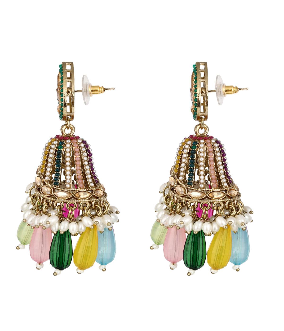 Traditional Bell Shape Multicolor Pearls & Crystal Stone Studded Drop Earrings - ASMITTA Jewellery