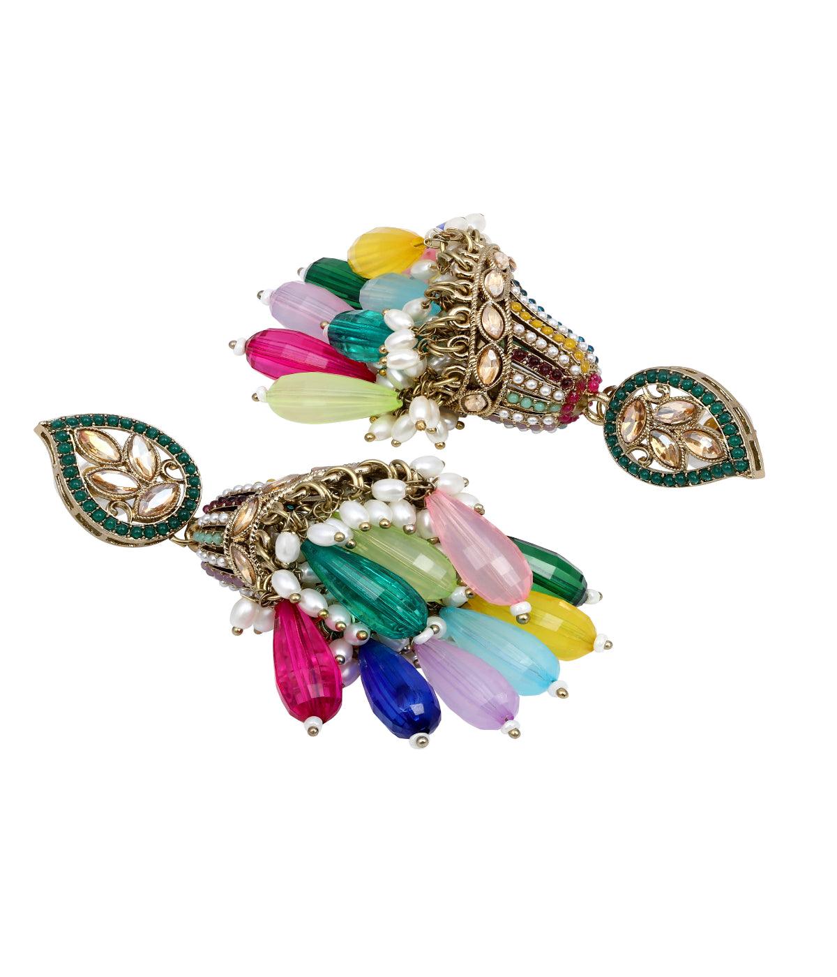 Traditional Bell Shape Multicolor Pearls & Crystal Stone Studded Drop Earrings - ASMITTA Jewellery