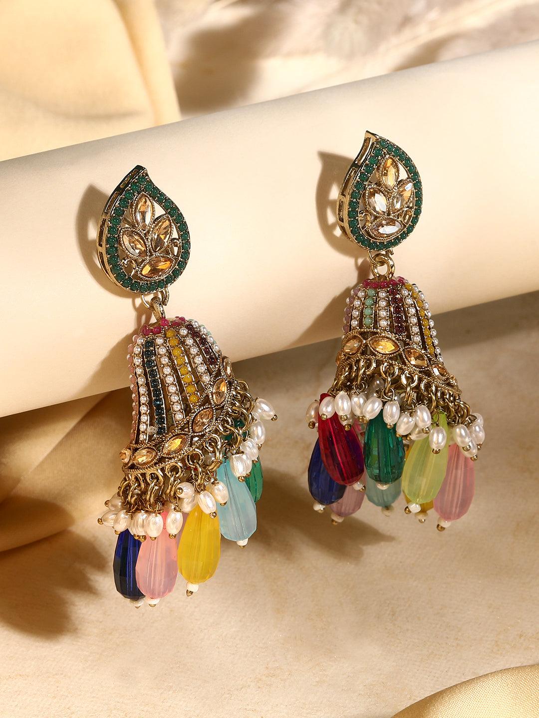 Traditional Bell Shape Multicolor Pearls & Crystal Stone Studded Drop Earrings - ASMITTA Jewellery