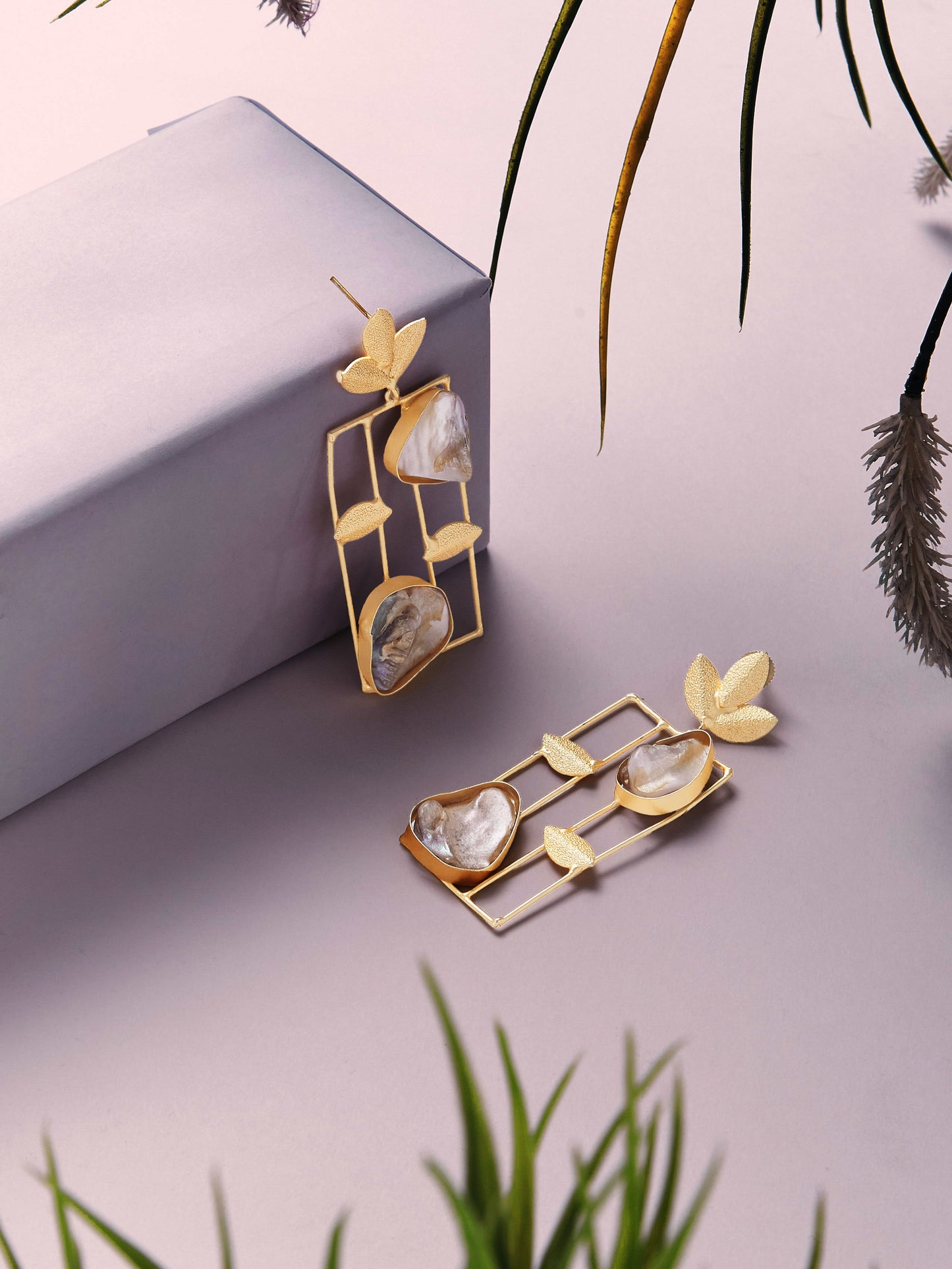 22KT Gold-Plated Pearls Square Shaped Drop Earrings