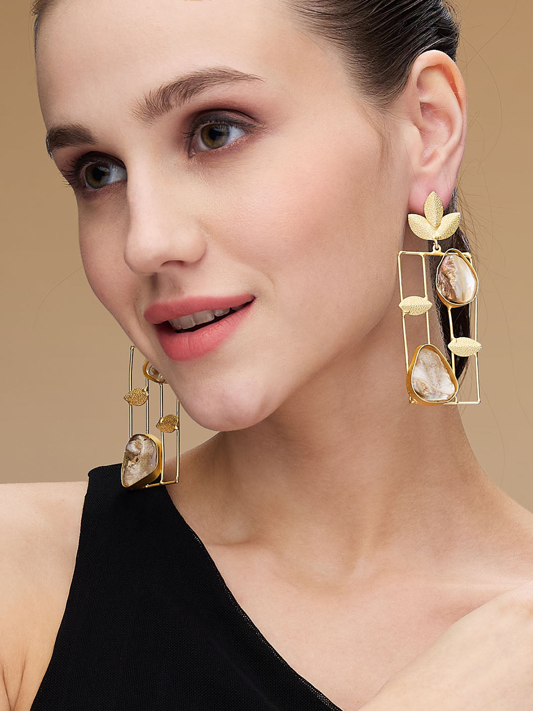 22KT Gold-Plated Pearls Square Shaped Drop Earrings