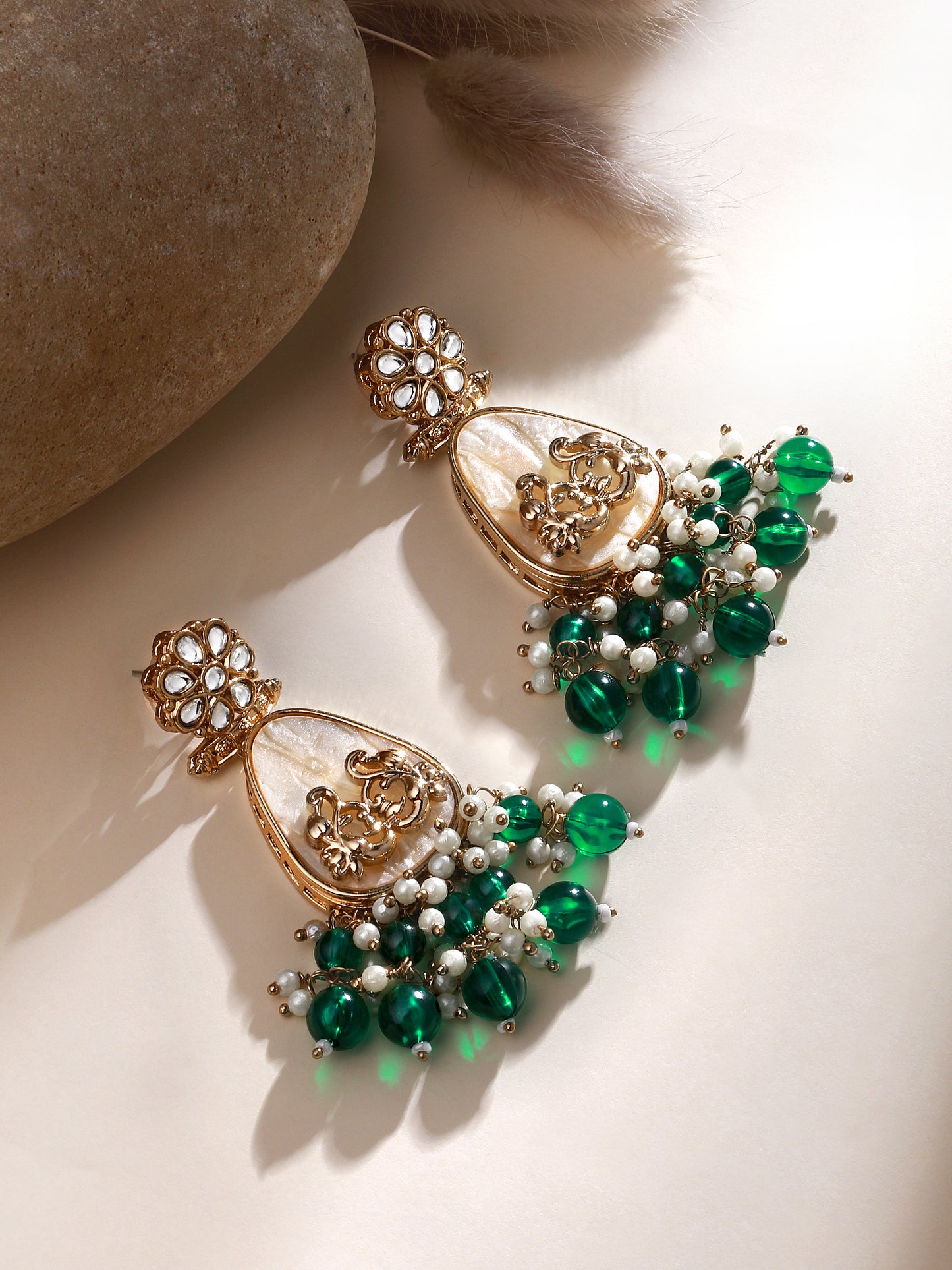 Gold-Plated stones Studded & Pearls Beaded Floral Drop Earrings