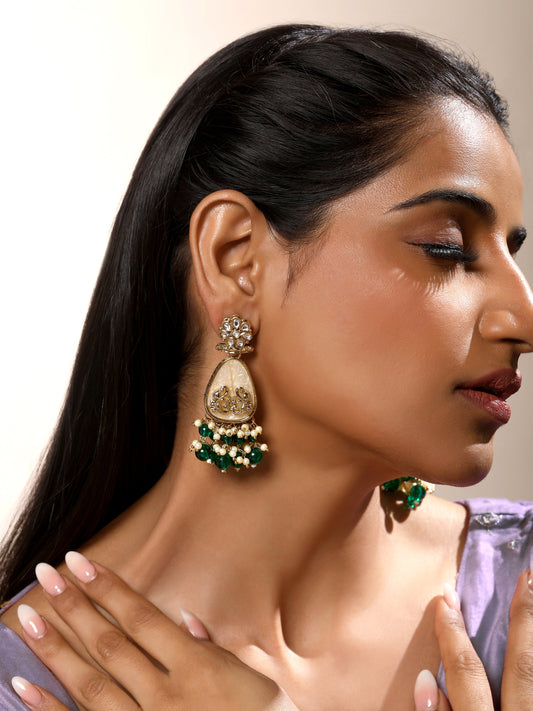 Gold-Plated stones Studded & Pearls Beaded Floral Drop Earrings