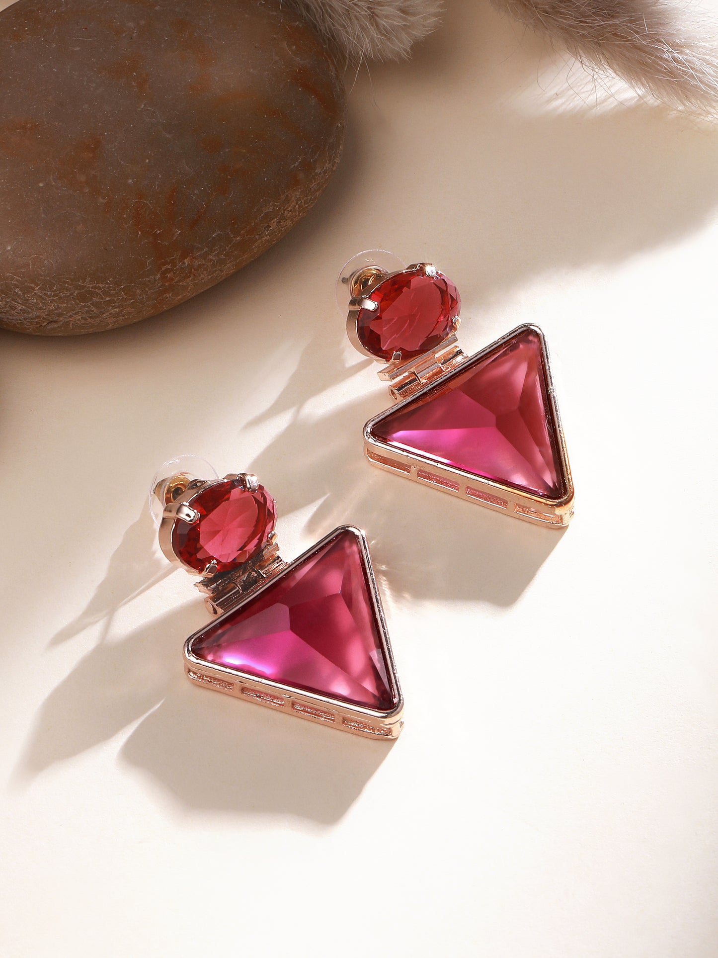 Rose Gold-Plated Ruby Studded Geometric Shaped Drop Earrings