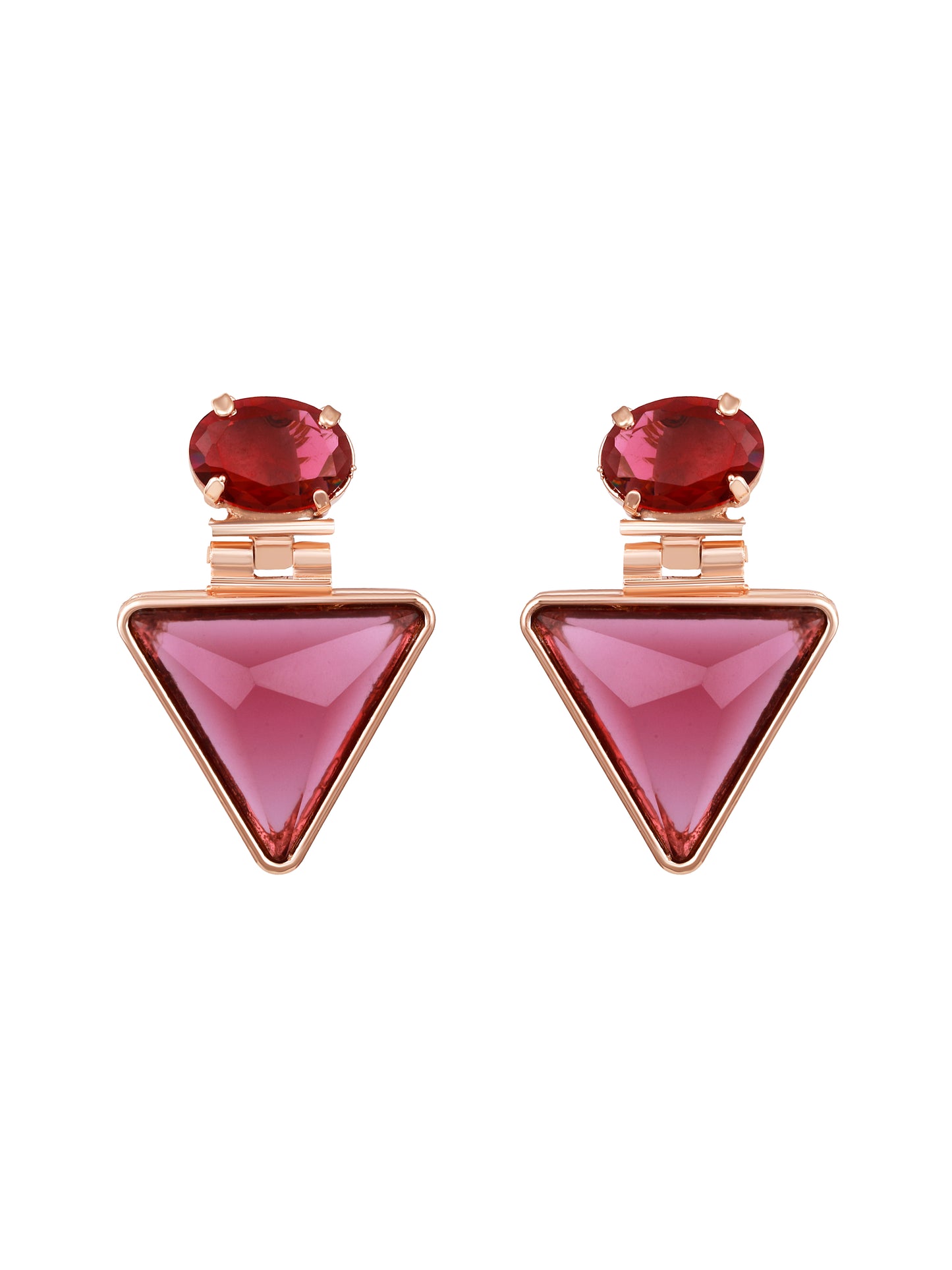 Rose Gold-Plated Ruby Studded Geometric Shaped Drop Earrings