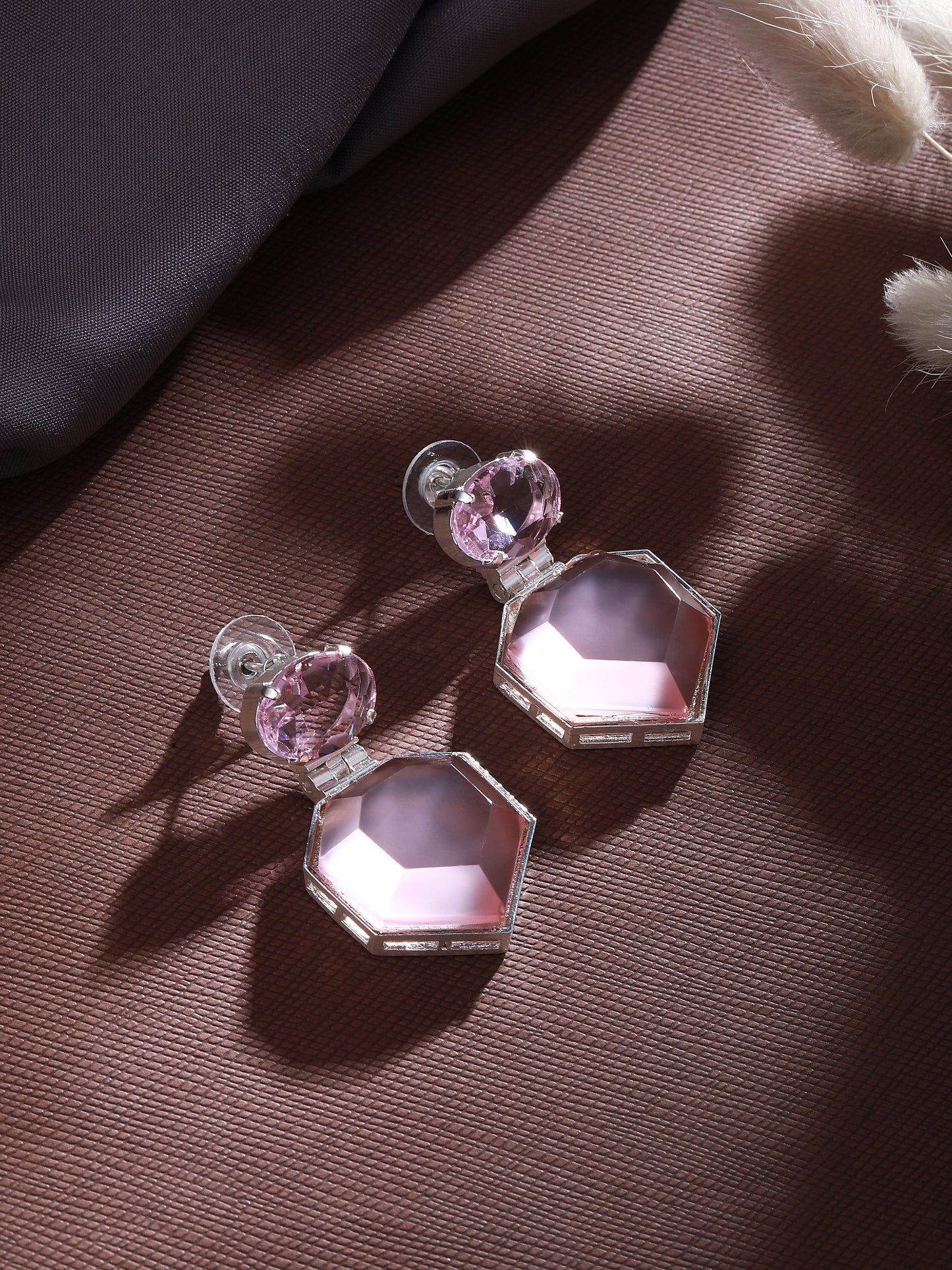 Silver-Plated Artificial Stones Studded Geometric Shaped Drop Earrings