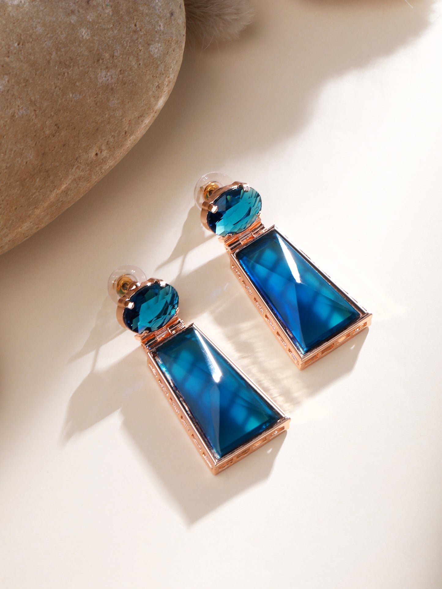 Rose Gold-Plated Artificial Stone Studded Geometric Shaped Drop Earrings