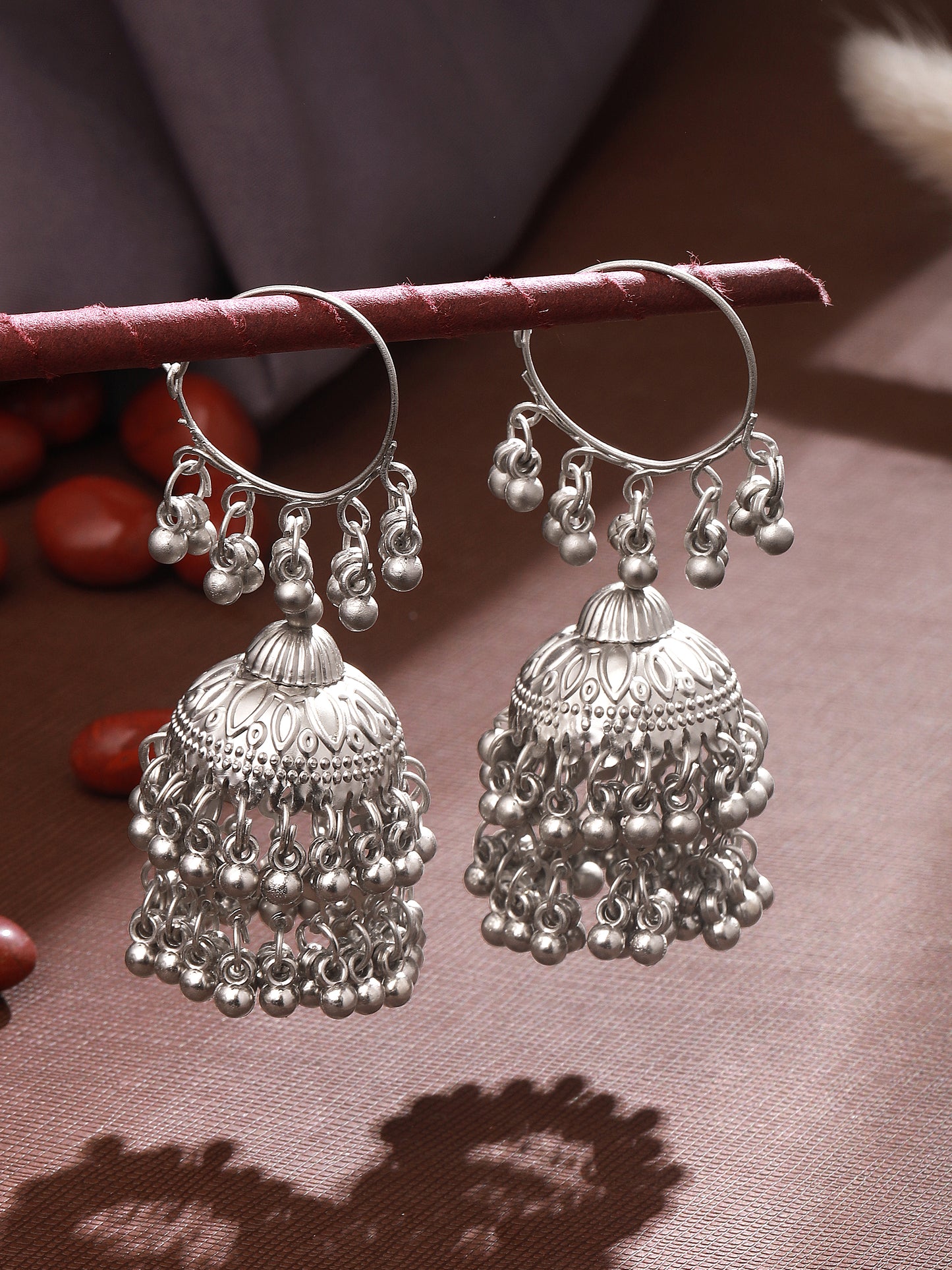 Silver-Plated Beaded Dome Shaped Jhumkas