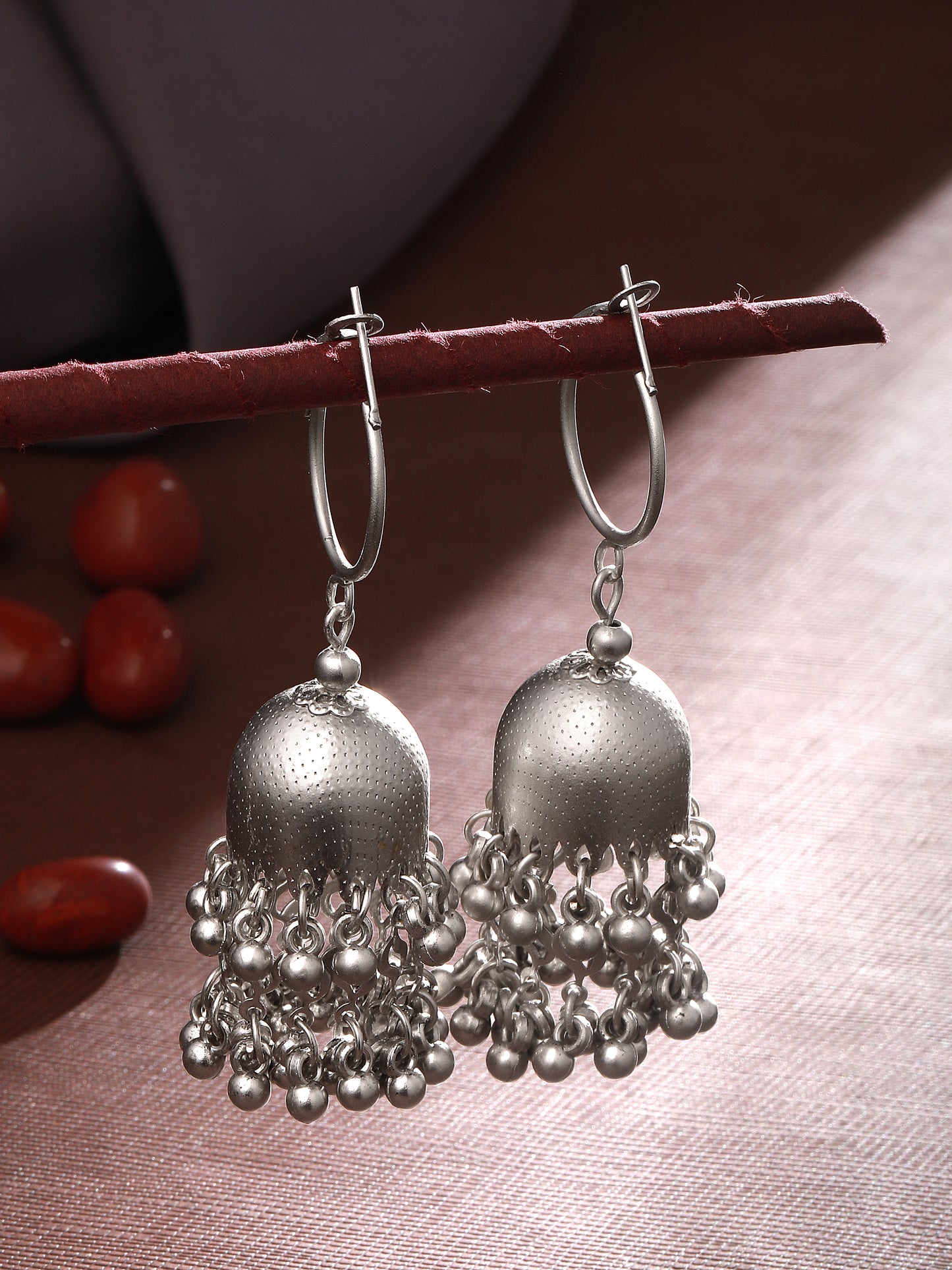 Silver-Plated Beaded Dome Shaped Jhumkas