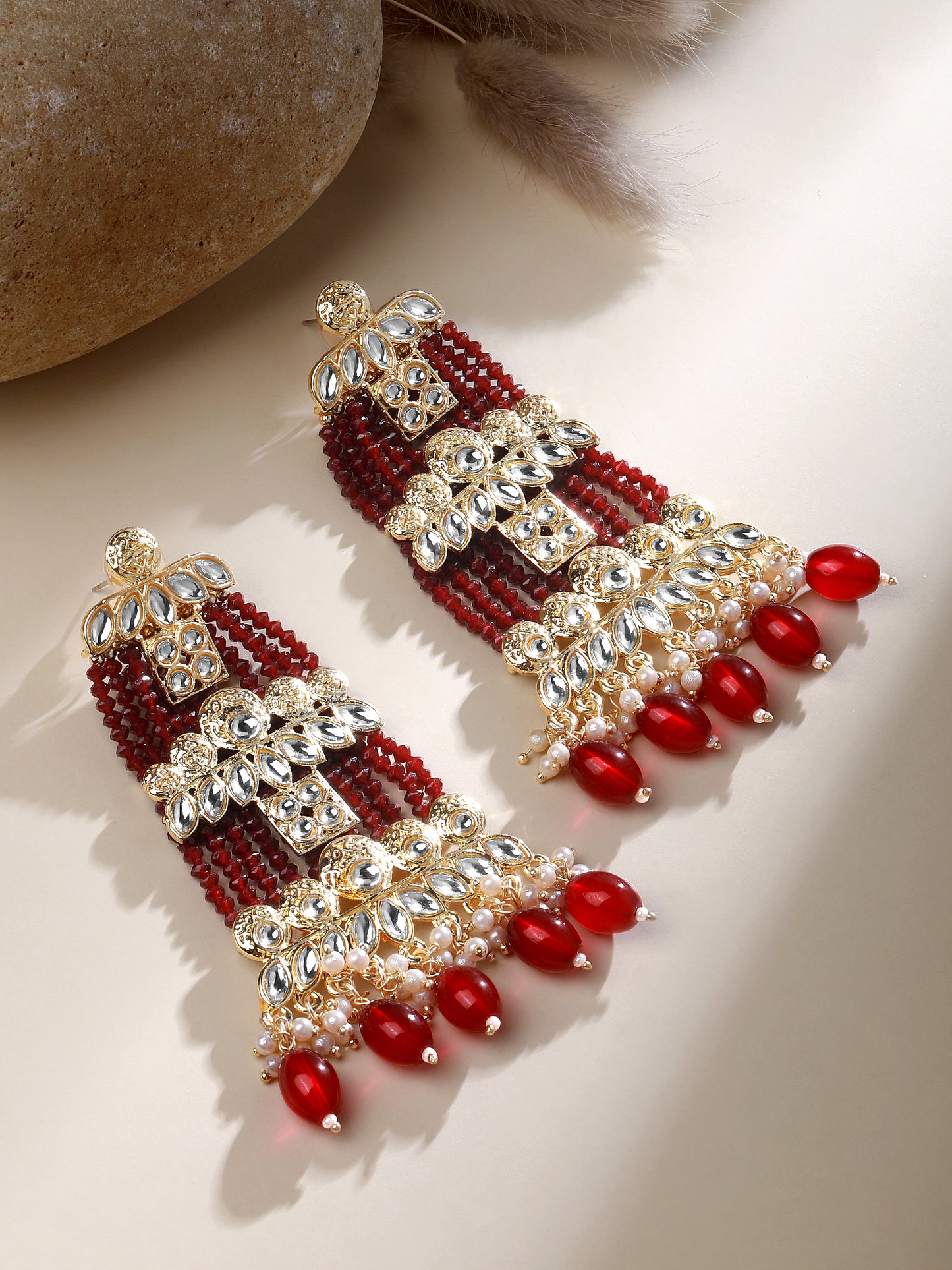 Gold-Plated Kundan Studded & Pearls Beaded Floral Drop Earrings
