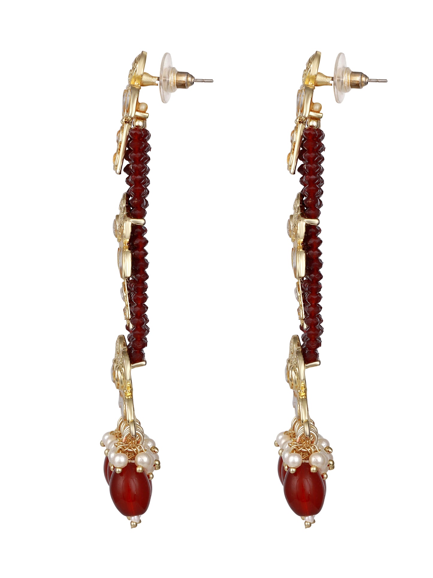 Gold-Plated Kundan Studded & Pearls Beaded Floral Drop Earrings