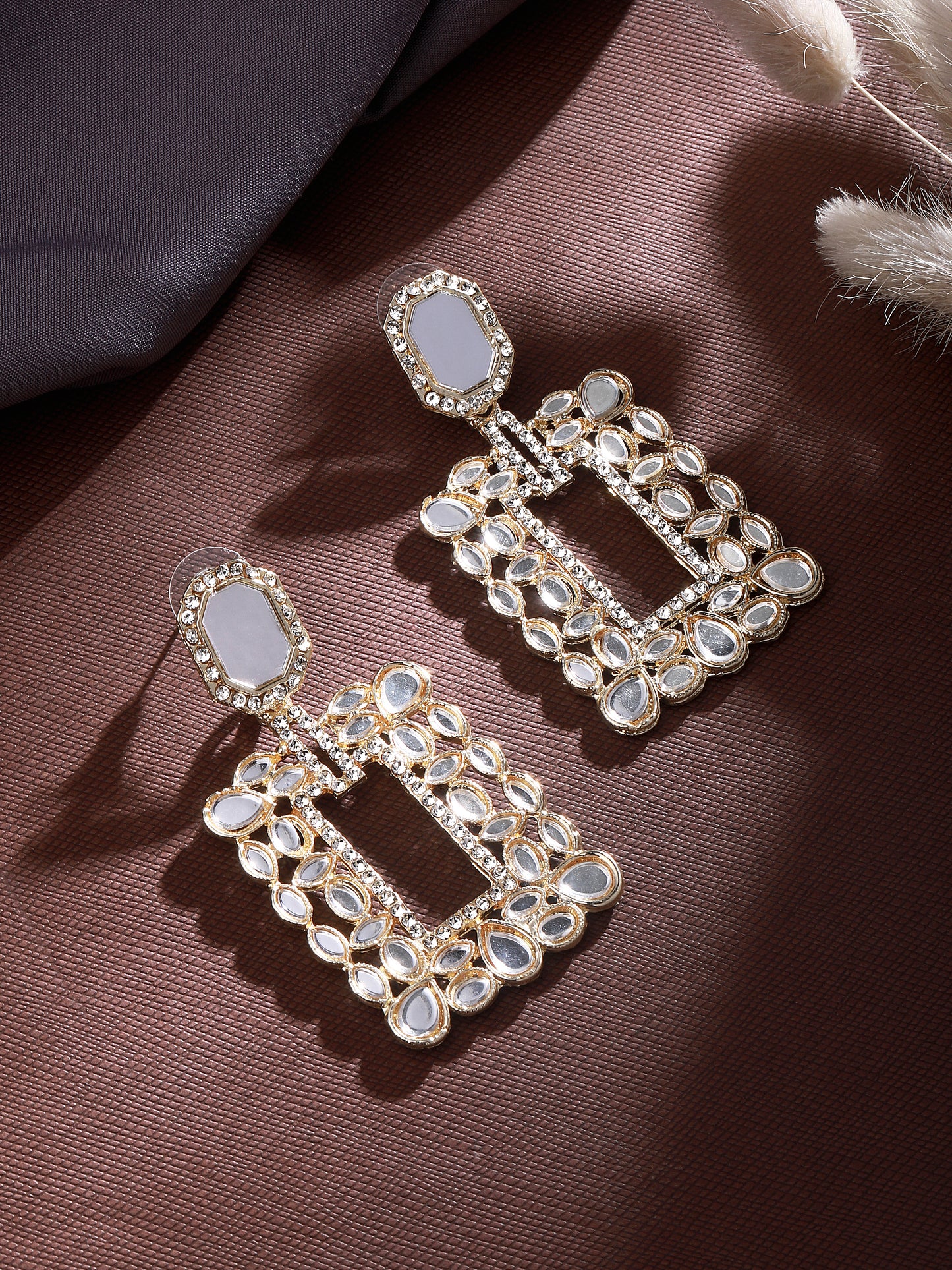 Gold-Plated Kundan Studded Mirror Finish Geometric Shaped Drop Earrings