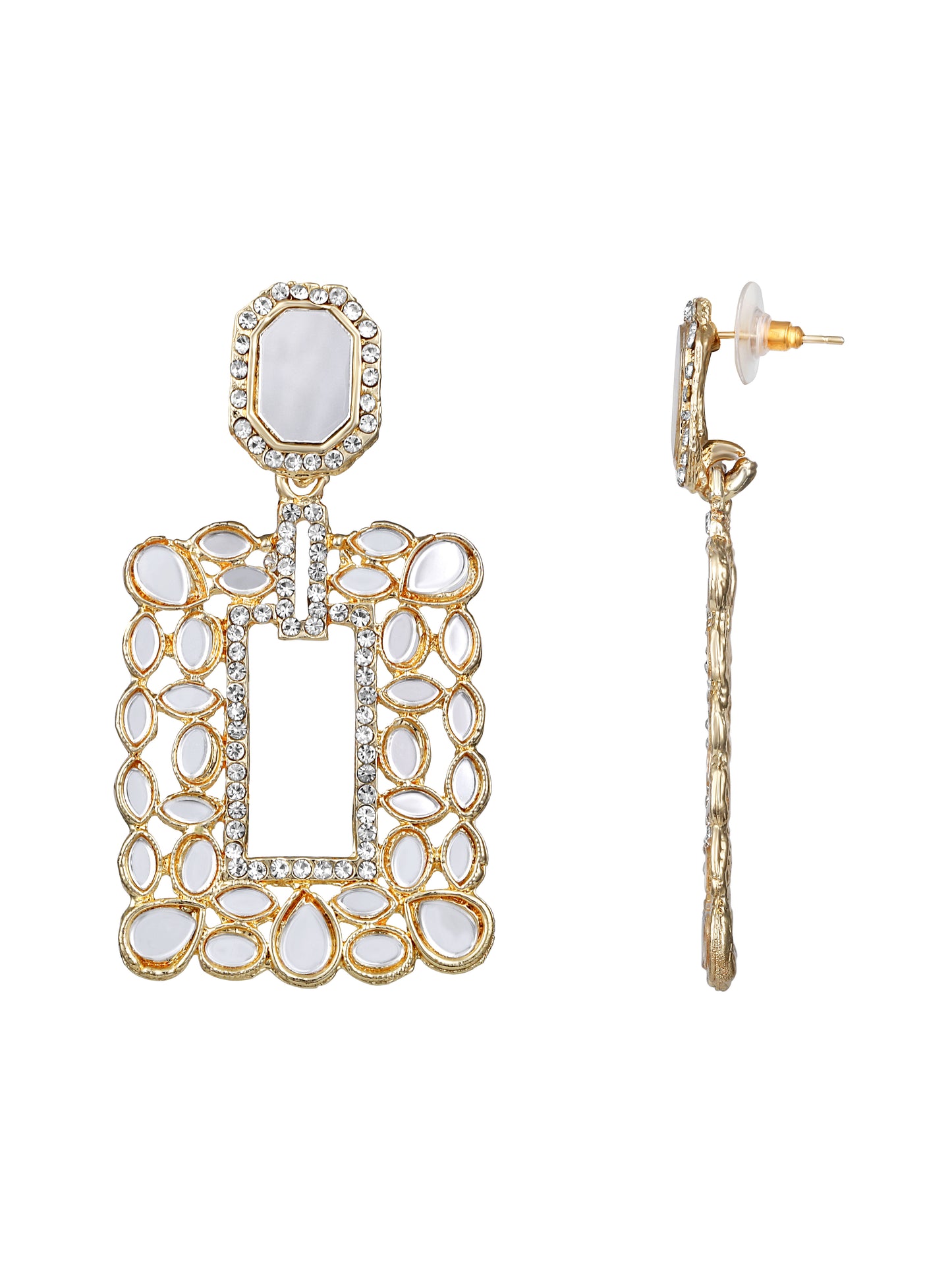 Gold-Plated Kundan Studded Mirror Finish Geometric Shaped Drop Earrings