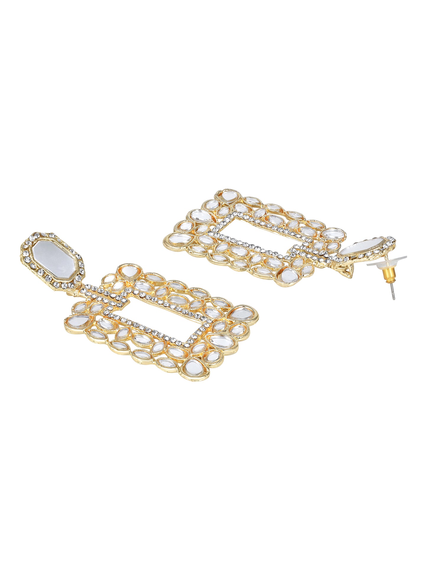 Gold-Plated Kundan Studded Mirror Finish Geometric Shaped Drop Earrings