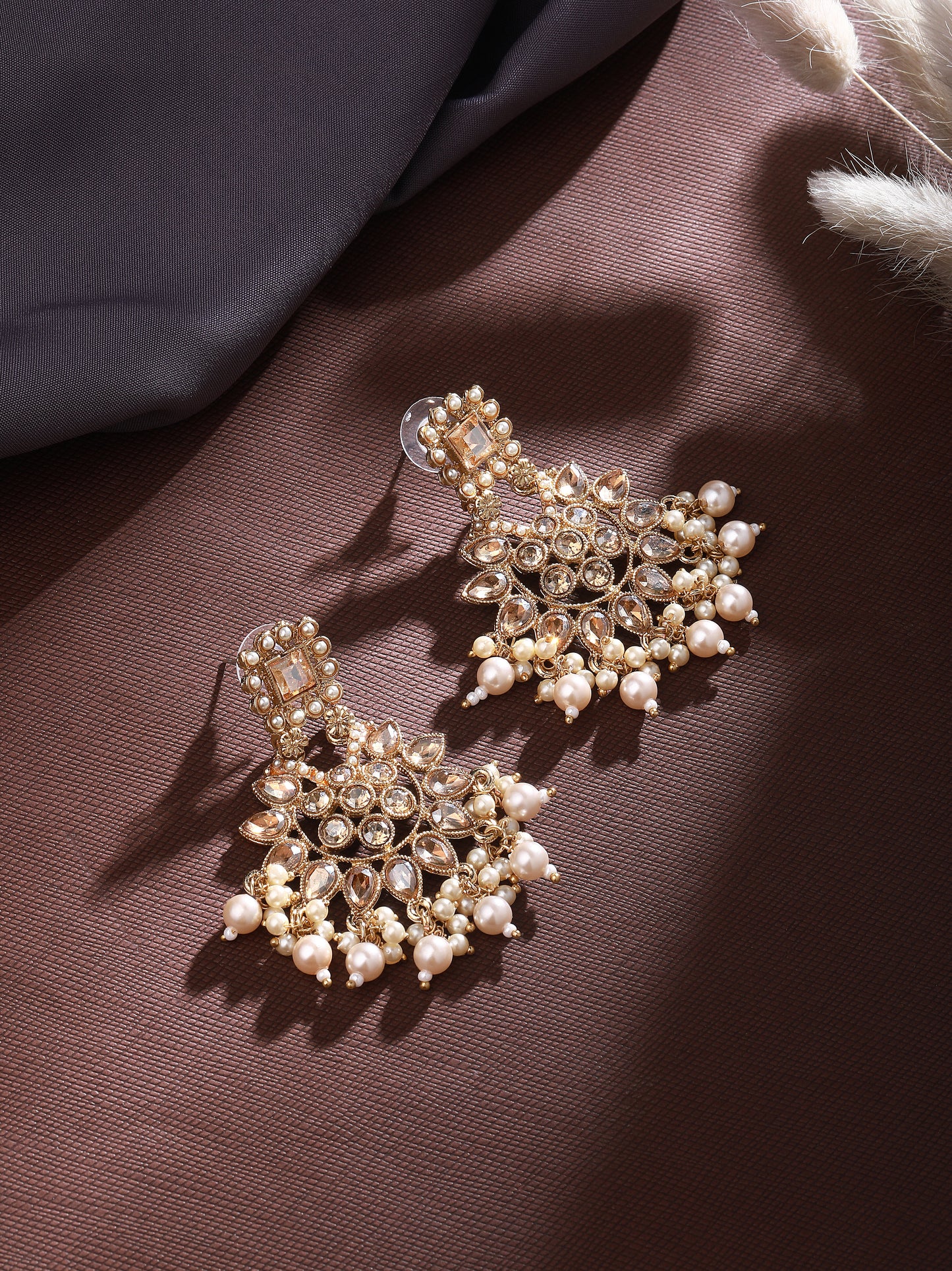 Gold-Plated Stones Studded & Pearls Beaded Contemporary Drop Earrings