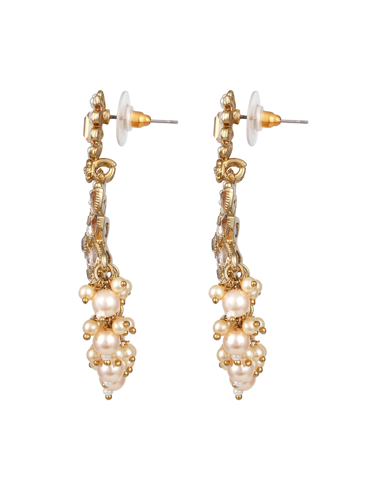 Gold-Plated Stones Studded & Pearls Beaded Contemporary Drop Earrings