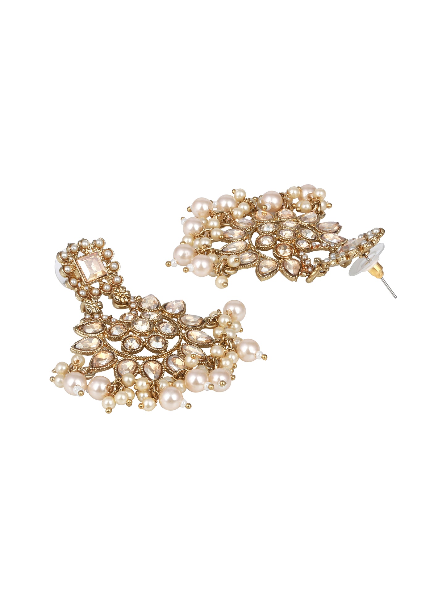 Gold-Plated Stones Studded & Pearls Beaded Contemporary Drop Earrings