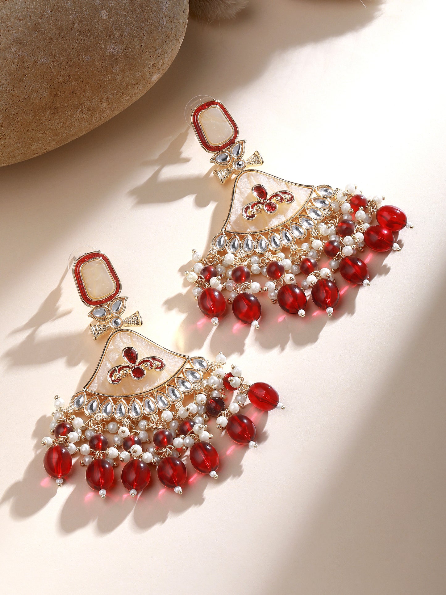 Gold-Plated Kundan Studded & Pearls Beaded Contemporary Drop Earrings