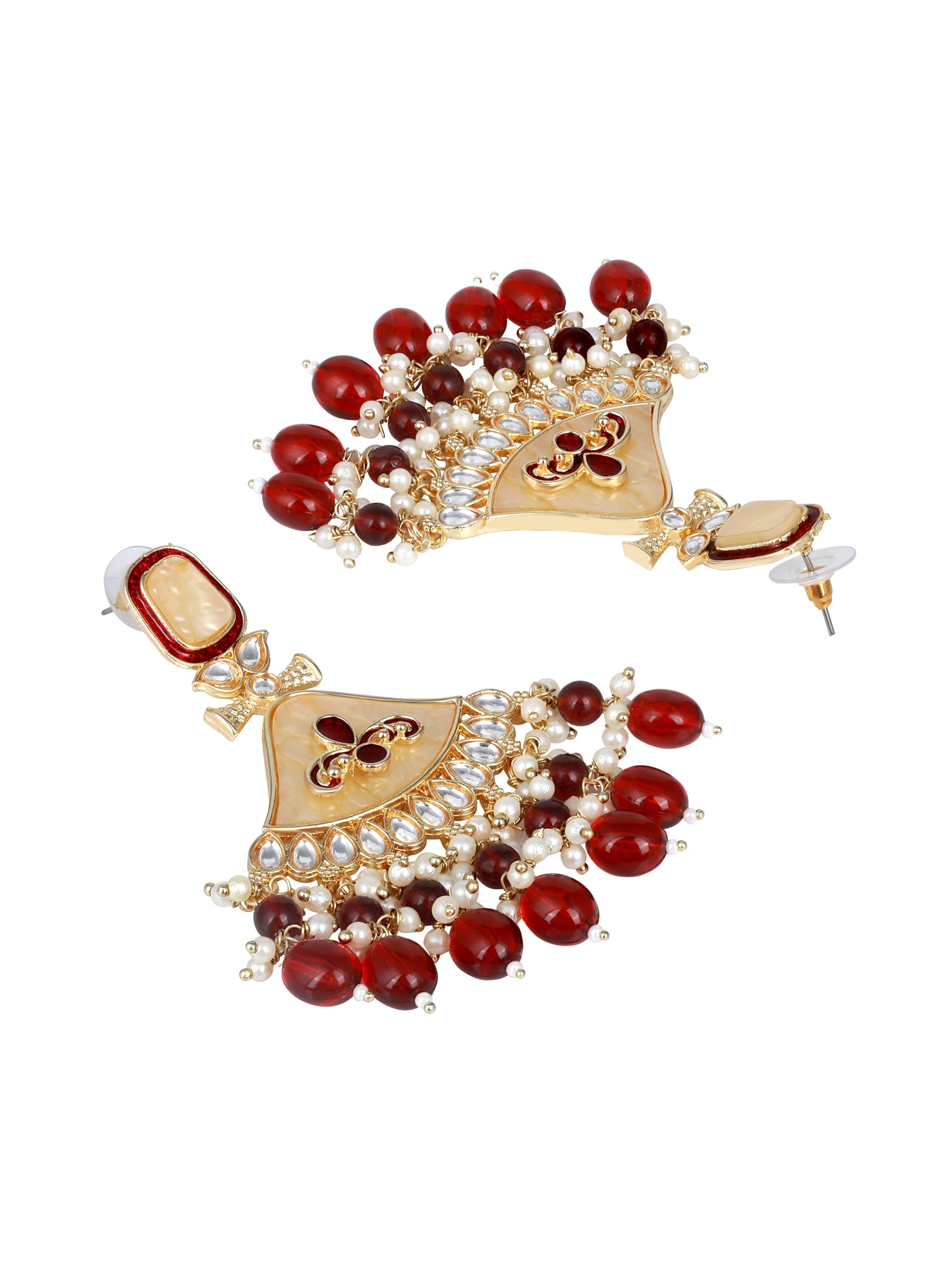 Gold-Plated Kundan Studded & Pearls Beaded Contemporary Drop Earrings