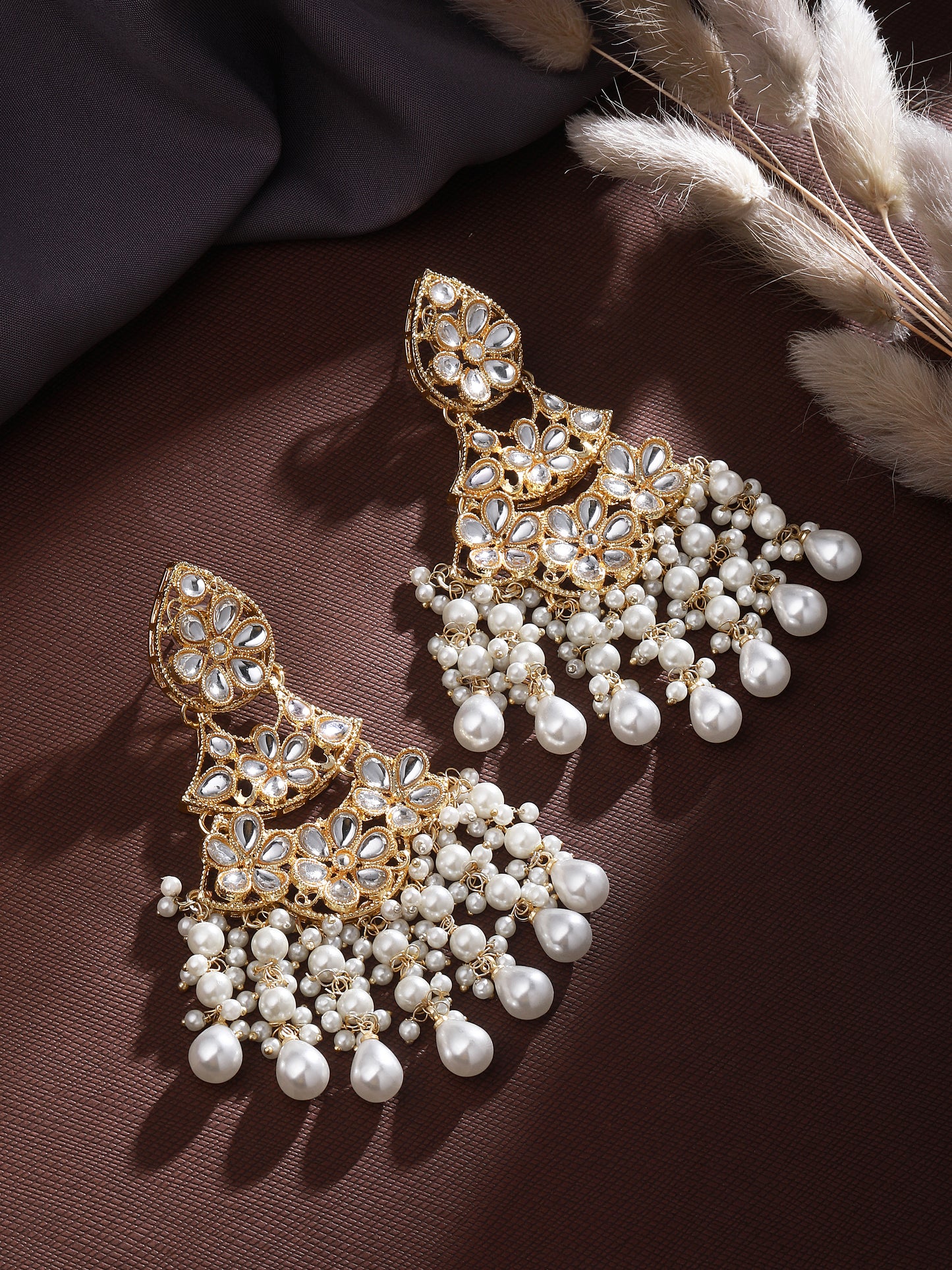 Gold-Plated Kundan Studded & Pearls Beaded Floral Drop Earrings