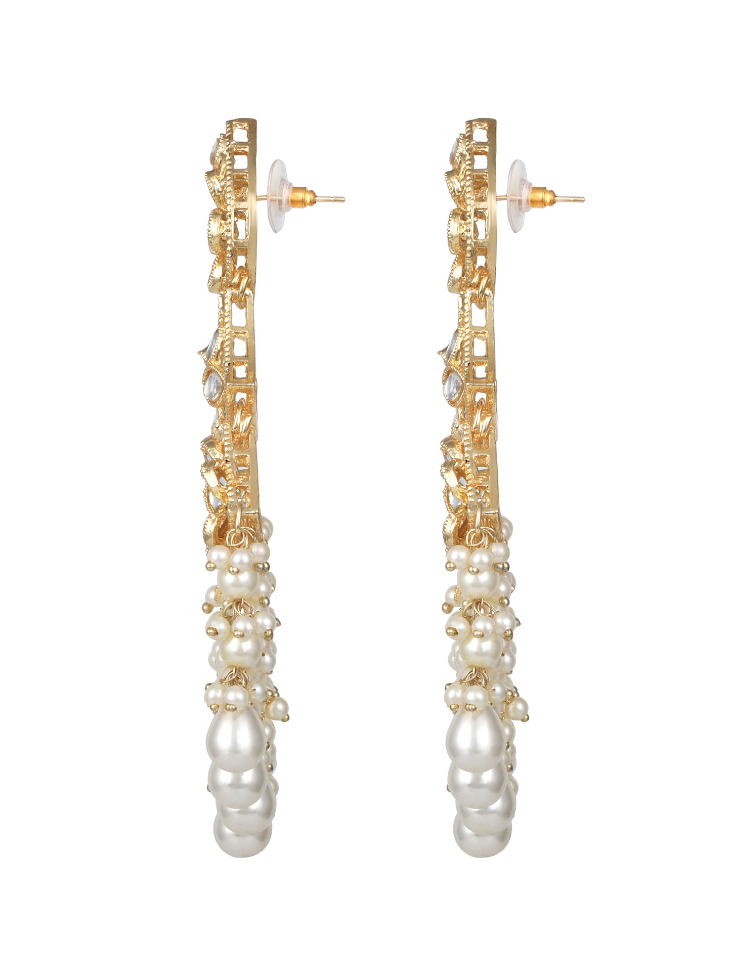 Gold-Plated Kundan Studded & Pearls Beaded Floral Drop Earrings