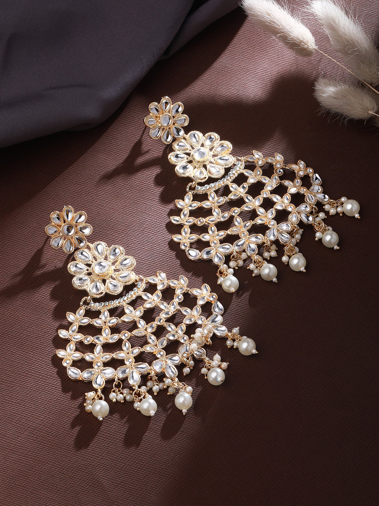 Gold-Plated Kundan Studded & Pearls Beaded Contemporary Drop Earrings