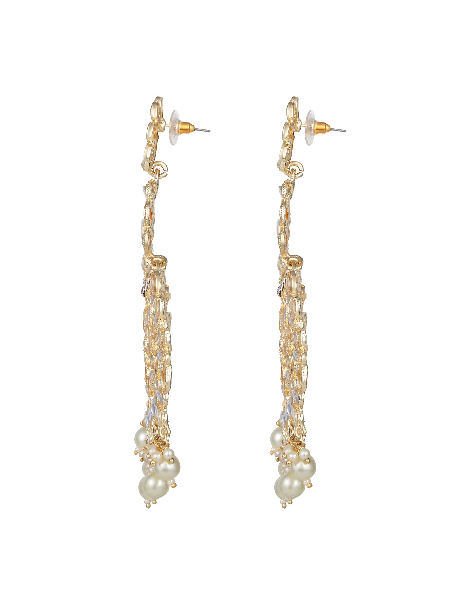 Gold-Plated Kundan Studded & Pearls Beaded Contemporary Drop Earrings