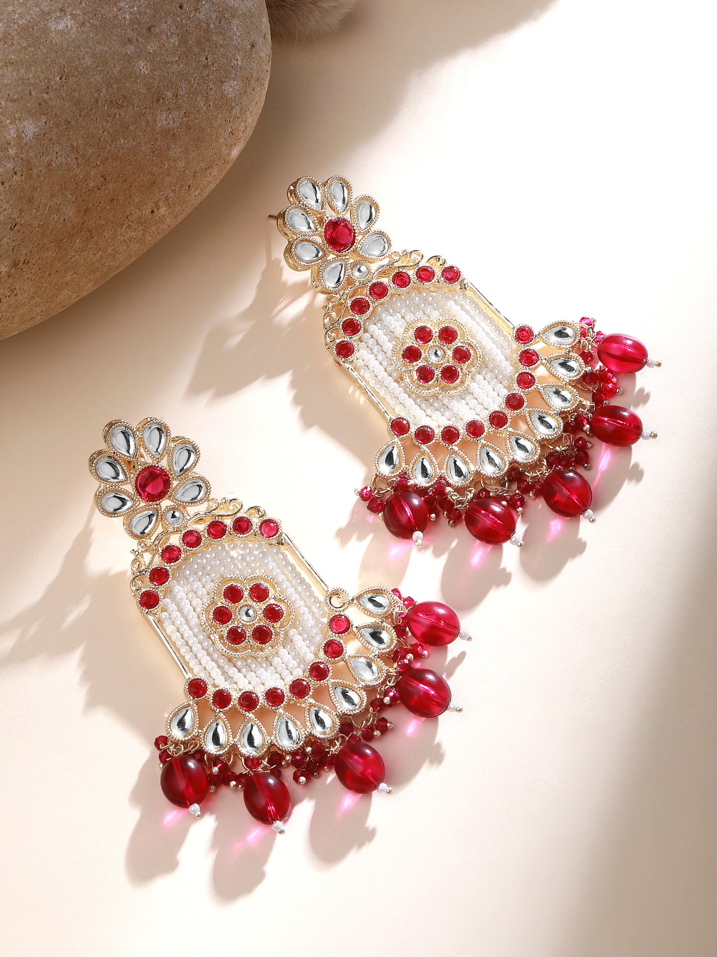 Gold-Plated Kundan Studded & Pearls Beaded Contemporary Drop Earrings