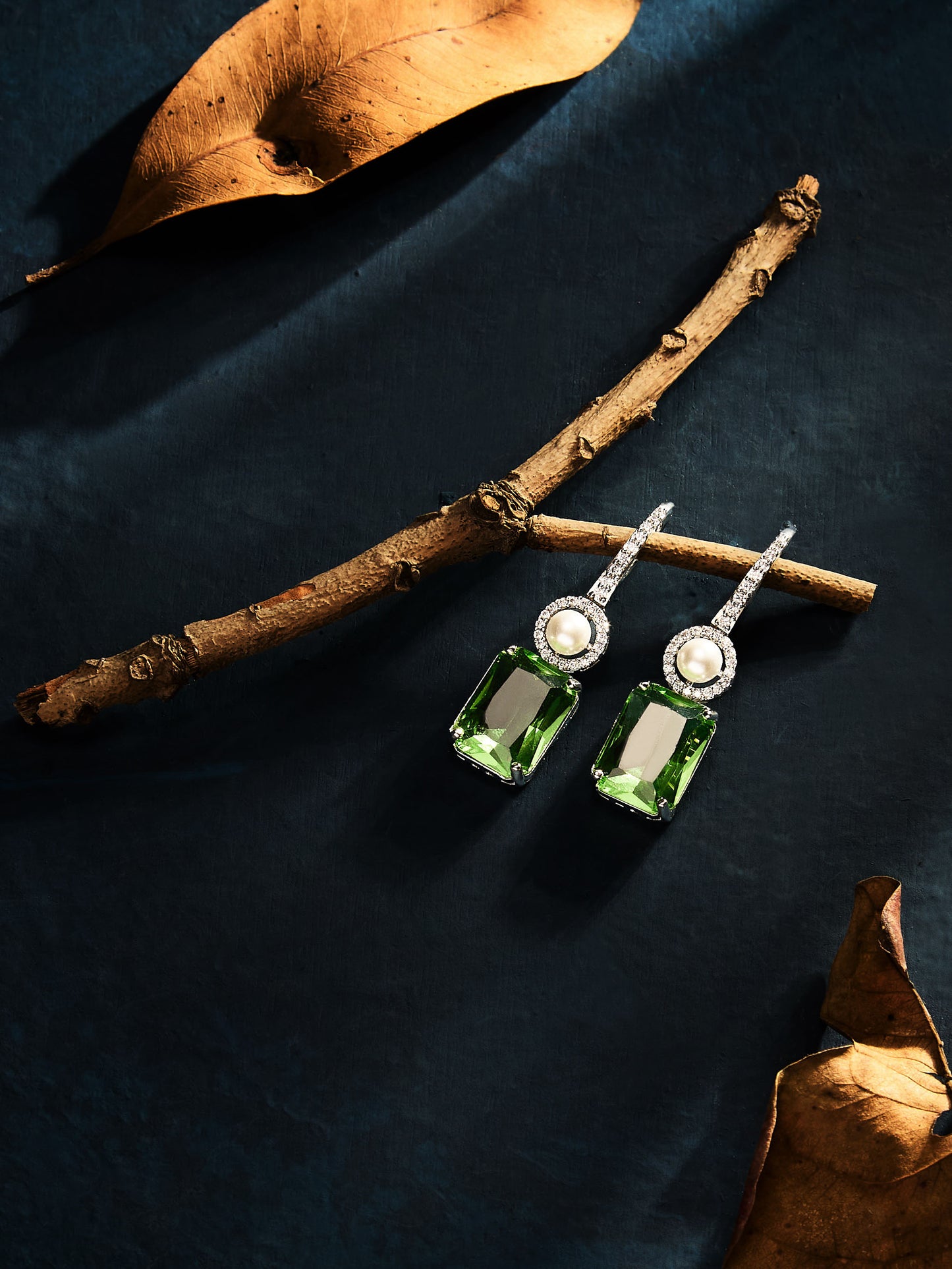 Silver Plated Emerald Studded Geometric Drop Earrings