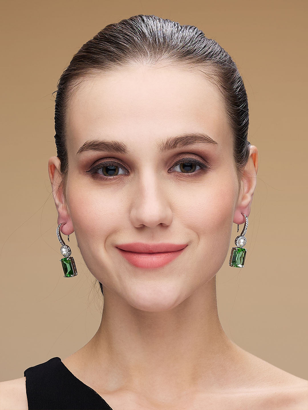 Silver Plated Emerald Studded Geometric Drop Earrings