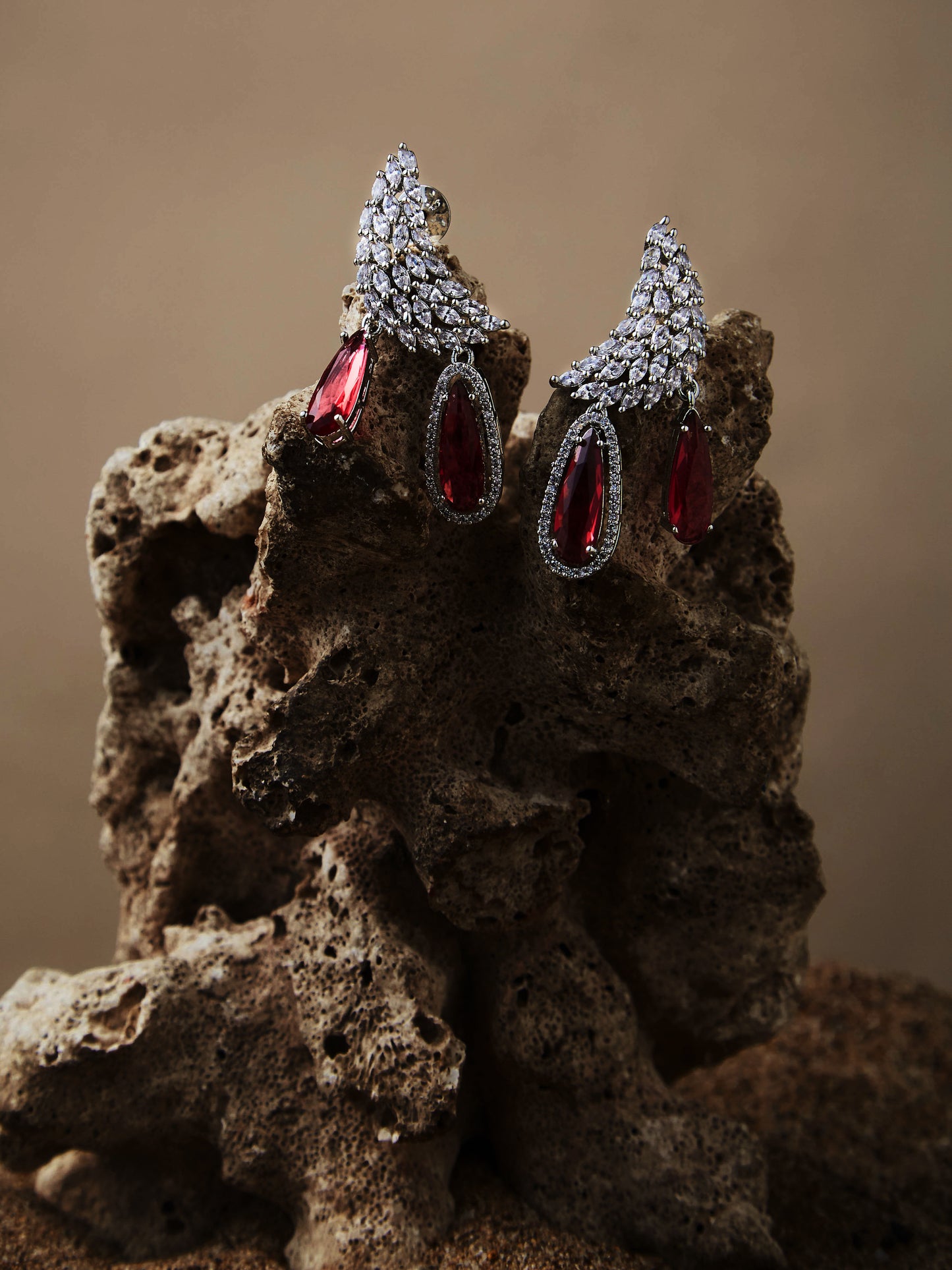 Silver Plated Faux Ruby Studded Contemporary Drop Earrings
