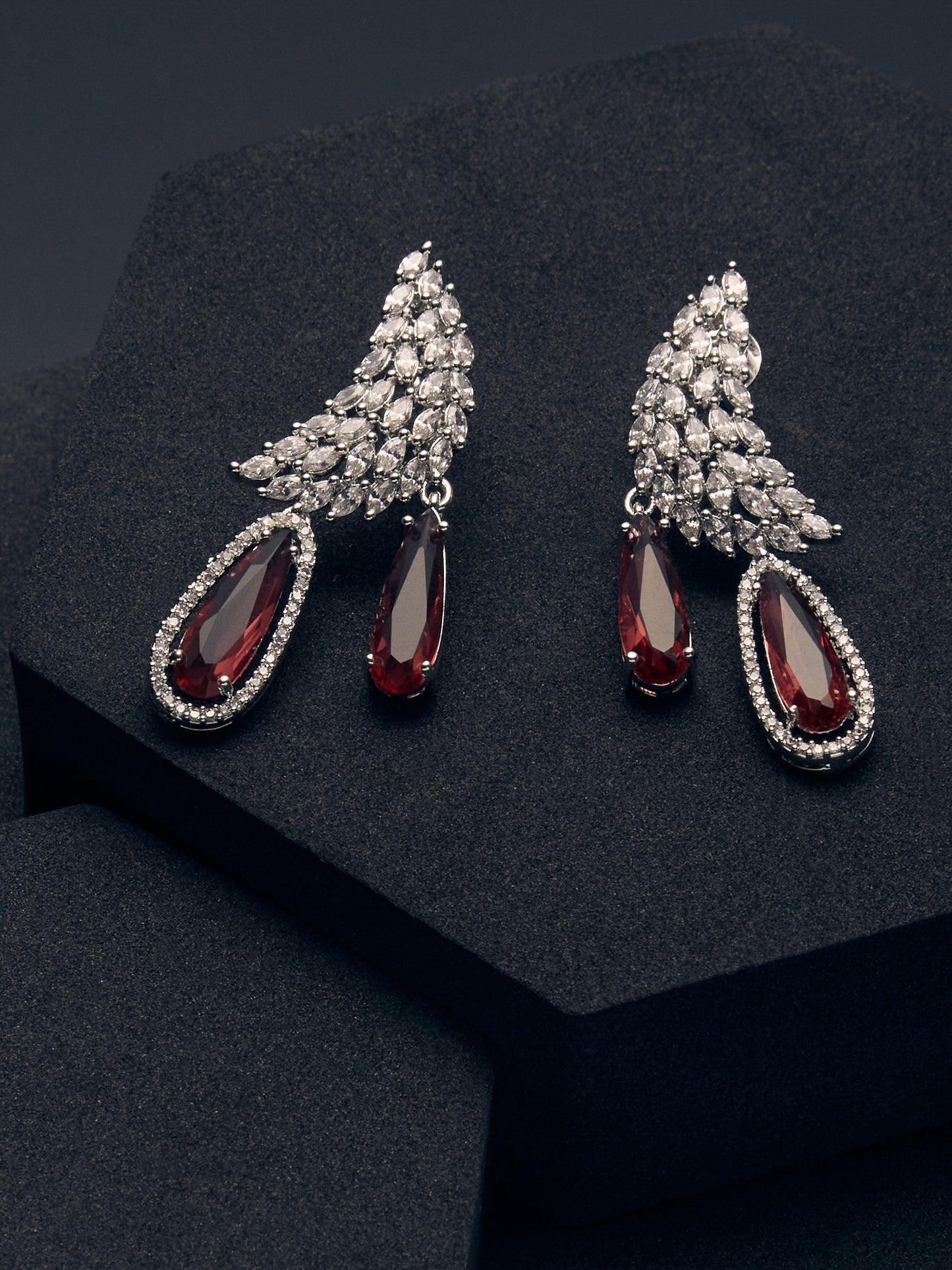 Silver Plated Faux Ruby Studded Contemporary Drop Earrings