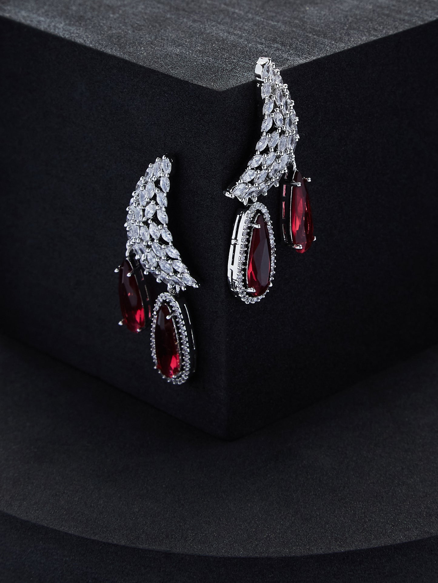 Silver Plated Faux Ruby Studded Contemporary Drop Earrings