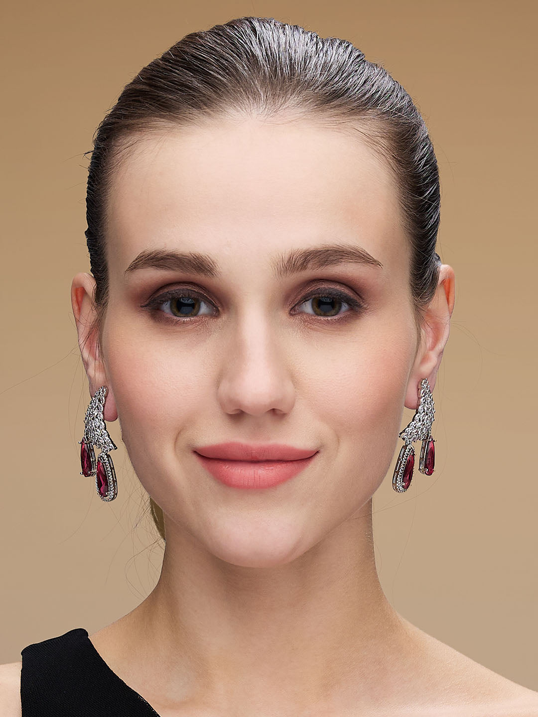 Silver Plated Faux Ruby Studded Contemporary Drop Earrings