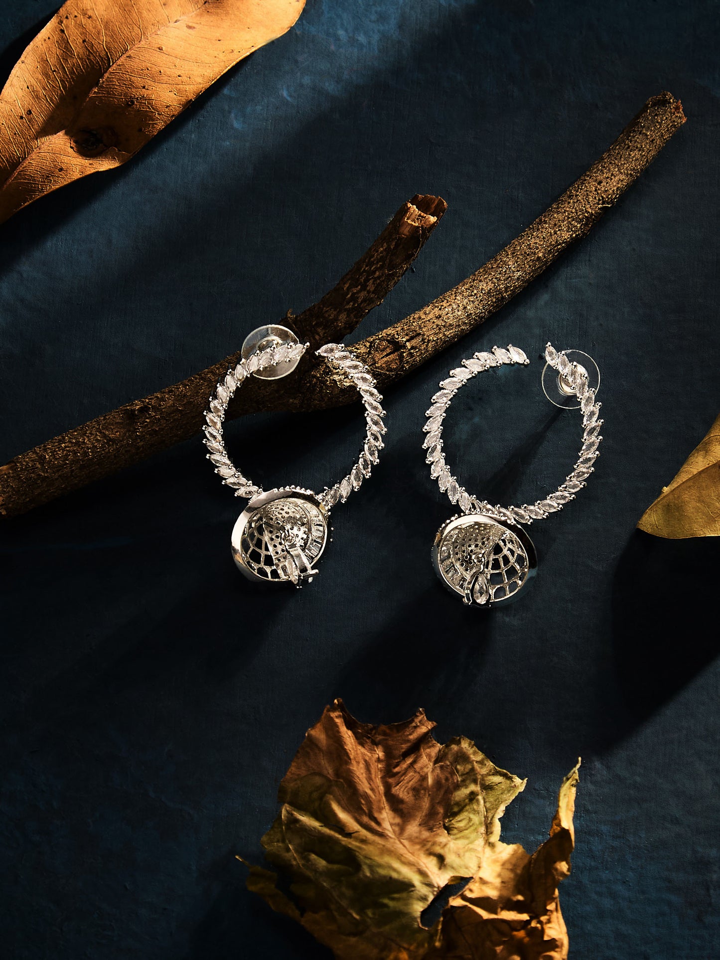 Silver Plated American Diamond Studded Contemporary Hoop Earrings