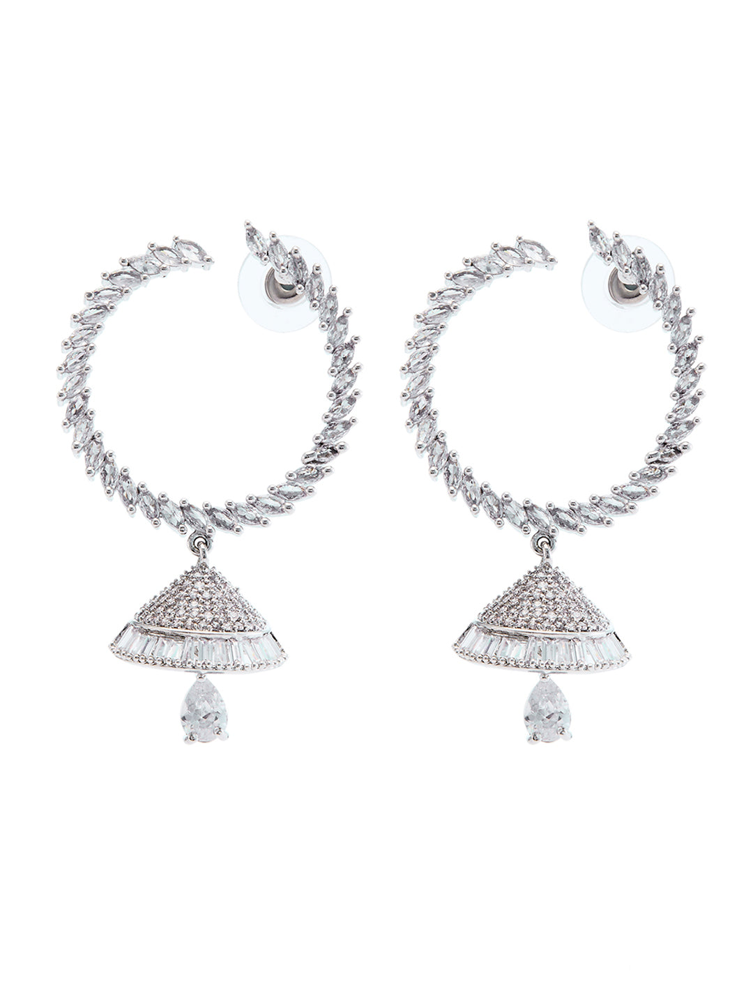 Silver Plated American Diamond Studded Contemporary Hoop Earrings