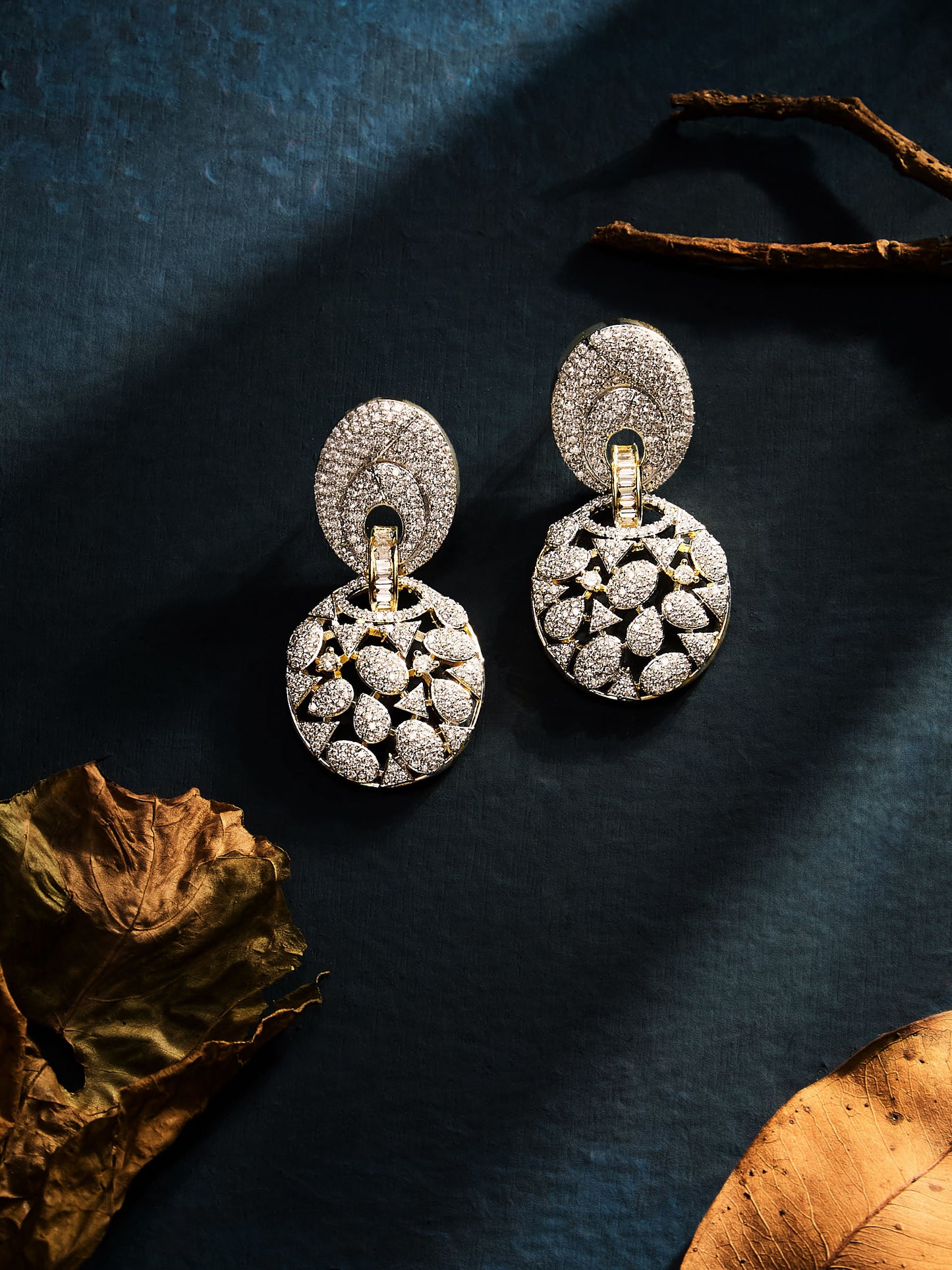 Gold-Plated Dual Toned AD & CZ Studded Oval Shaped Drop Earrings