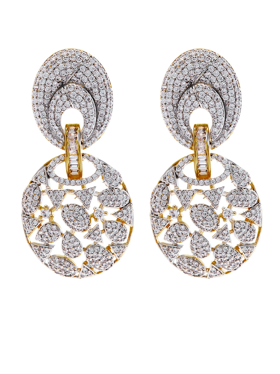Gold-Plated Dual Toned AD & CZ Studded Oval Shaped Drop Earrings