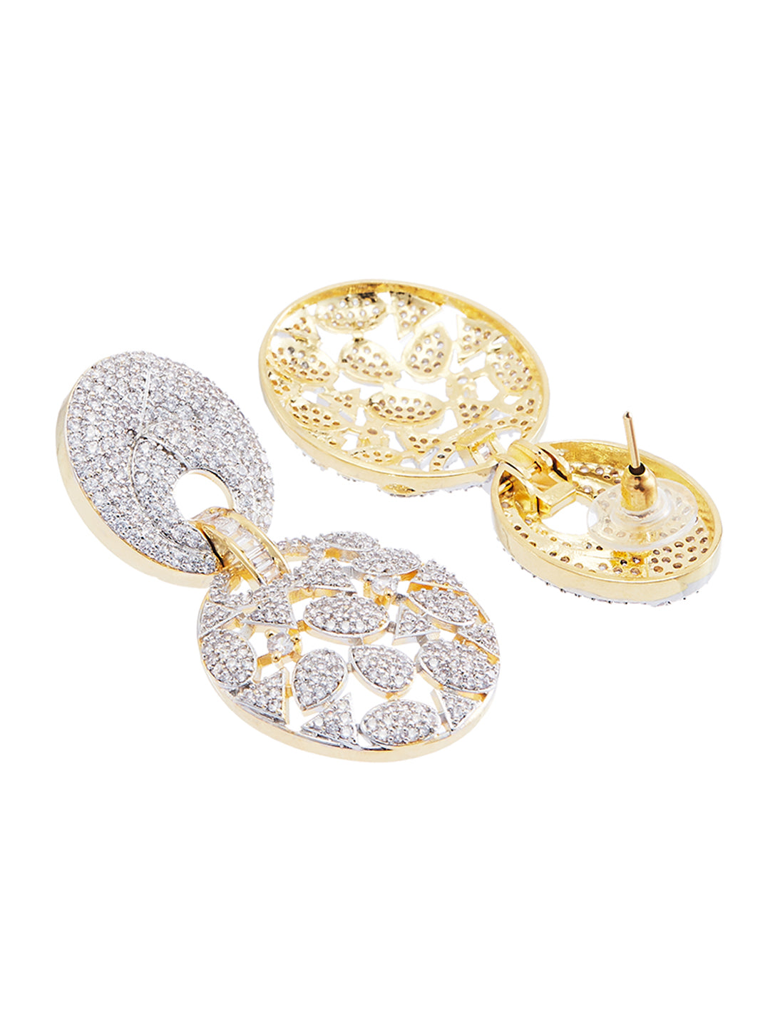 Gold-Plated Dual Toned AD & CZ Studded Oval Shaped Drop Earrings