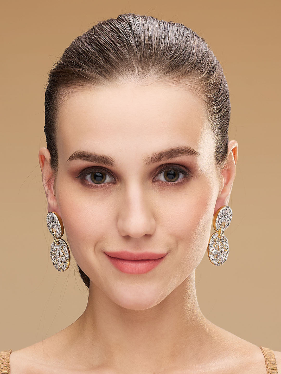 Gold-Plated Dual Toned AD & CZ Studded Oval Shaped Drop Earrings