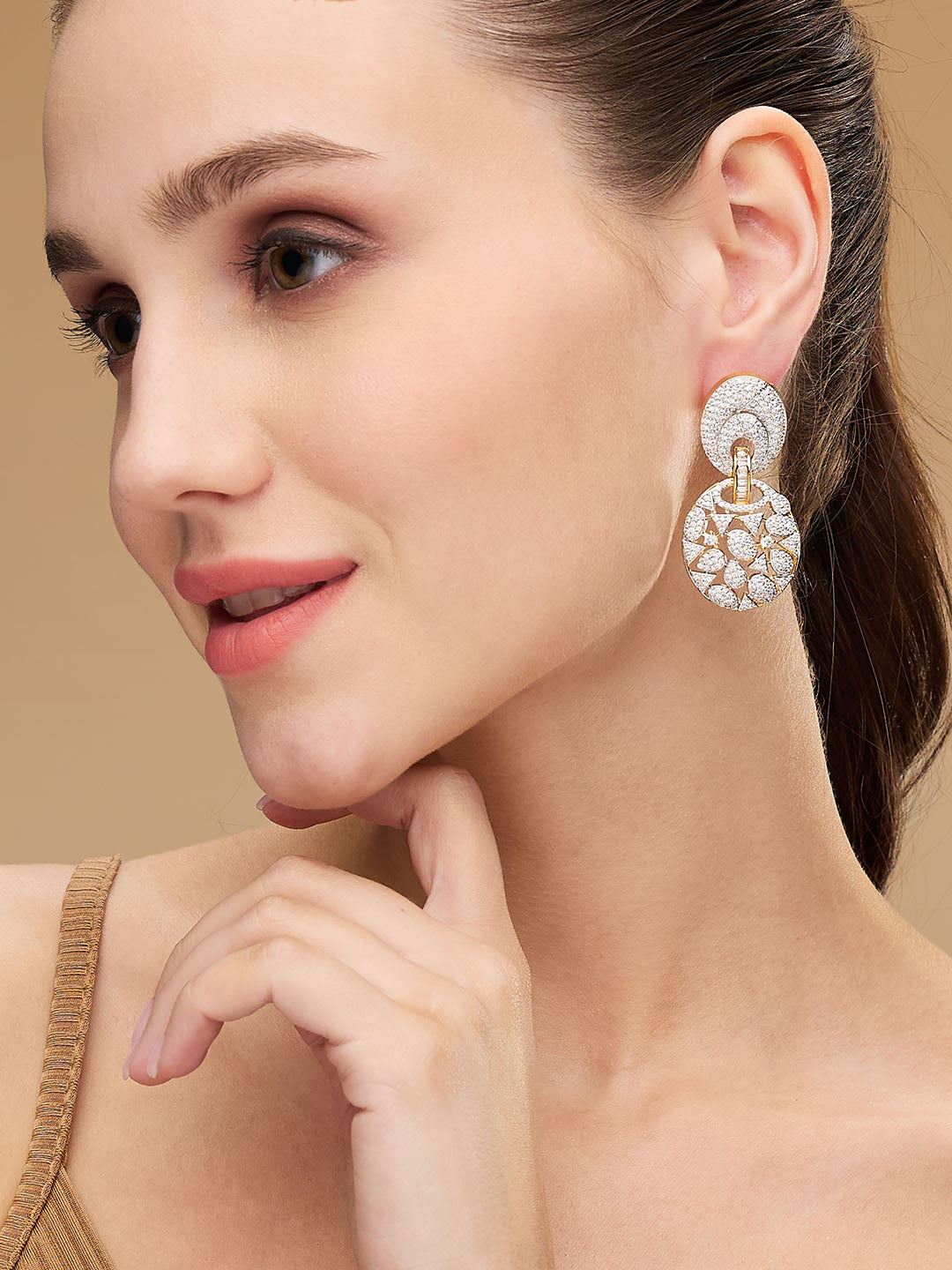 Gold-Plated Dual Toned AD & CZ Studded Oval Shaped Drop Earrings